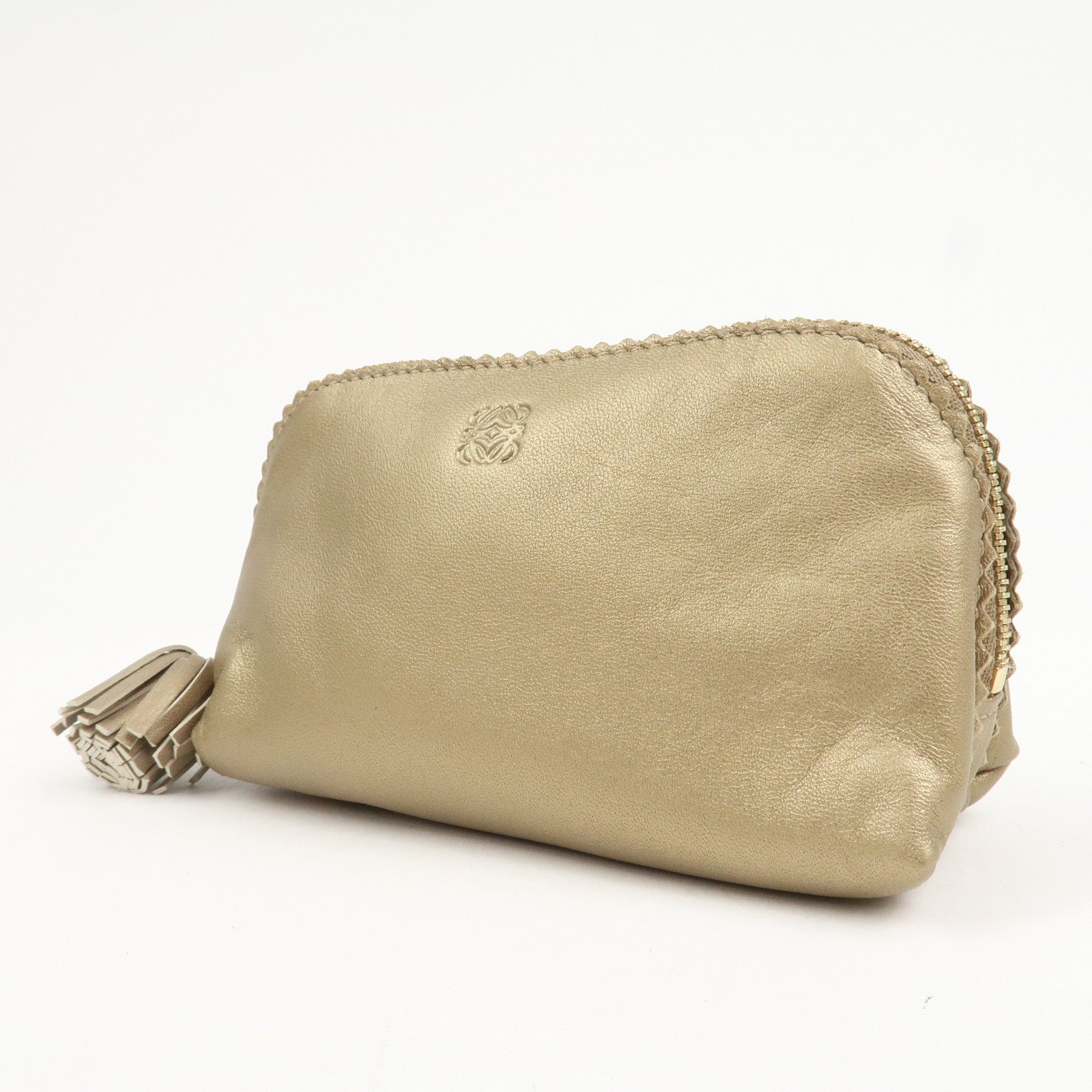 LOEWE Anagram Leather Tassel Pouch Cosmetic Pouch Gold