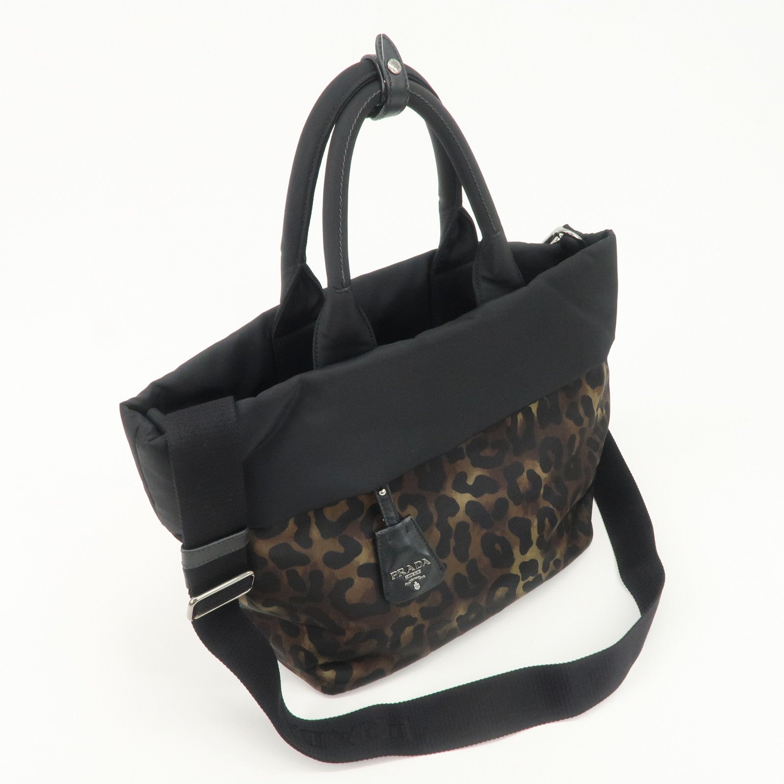 PRADA Logo Nylon 2Way Hand Tote Shoulder Bag Leopard Black B1959V