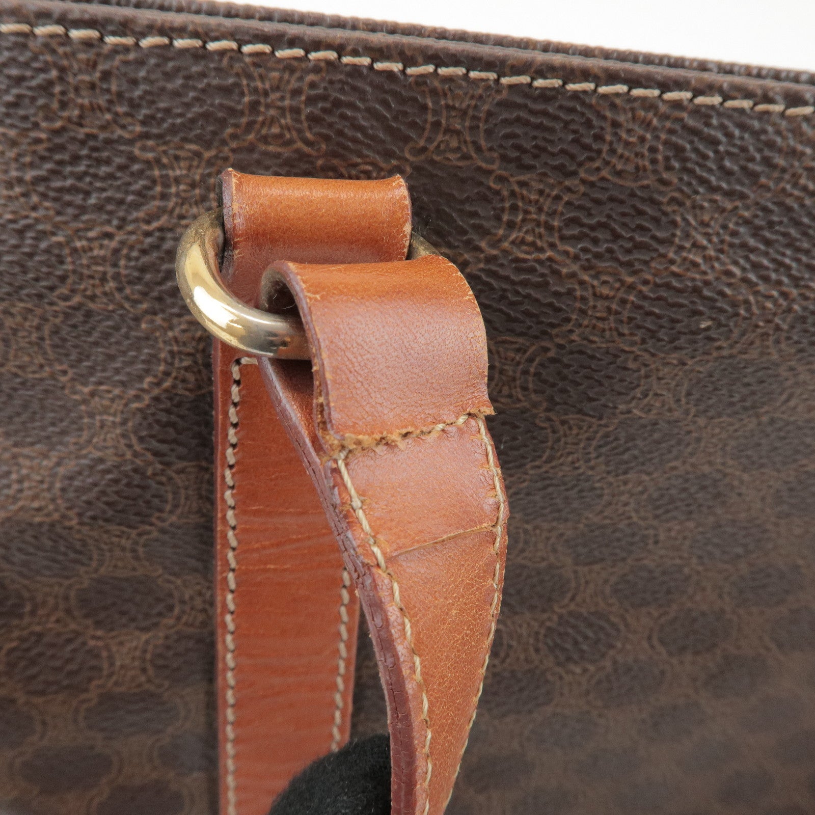 CELINE Macadam PVC Coated Canvas Leather Tote Bag Hand Bag Brown