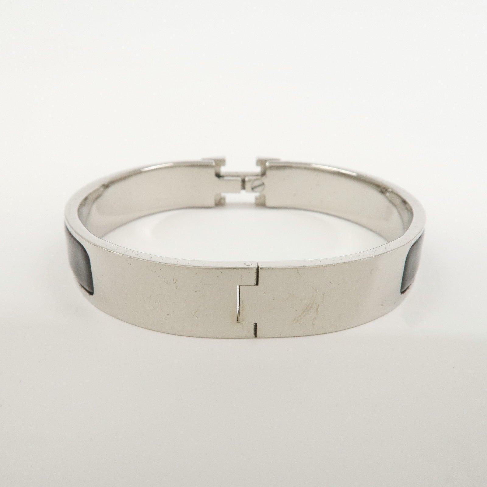 HERMES Clic Clac PM Metal Bracelet Bangle Silver Dark Brown