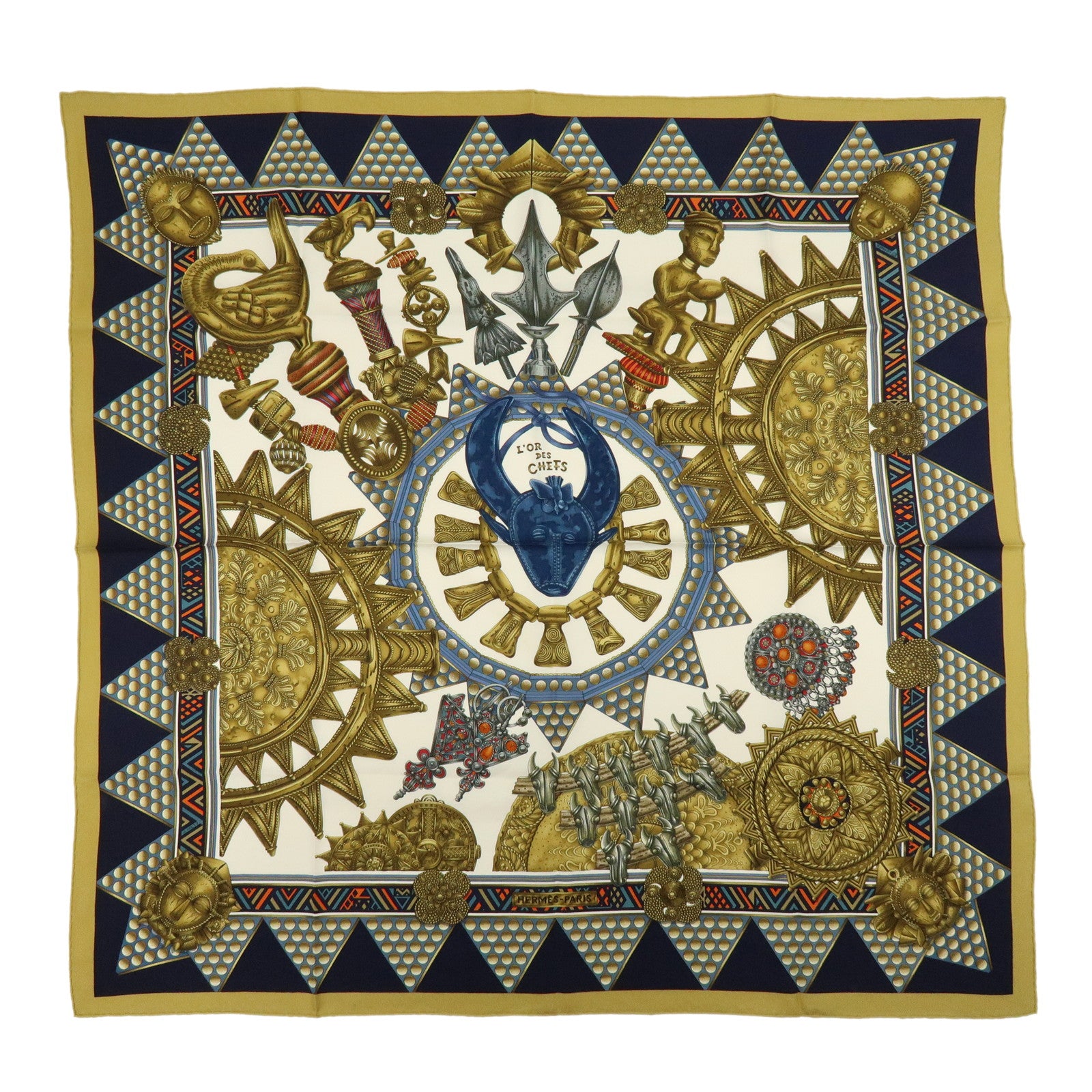 HERMES Carre 90 Silk 100% Scarf L'OR DES CHEFS Gold Navy