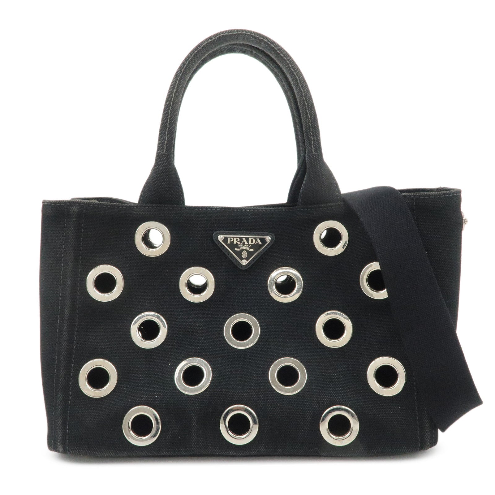 PRADA Canapa Mini Canvas Grommet 2Way Bag Hand Shoulder Bag Black