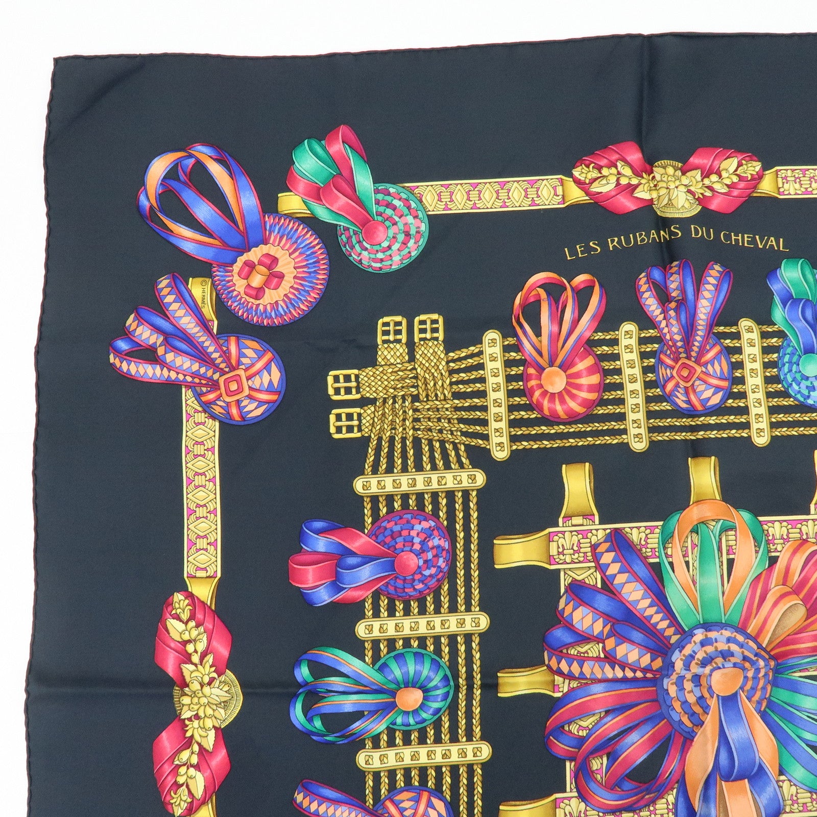 HERMES Carre 90 Silk 100% Scarf LES RUBANS DU CHEVAL Black Gold