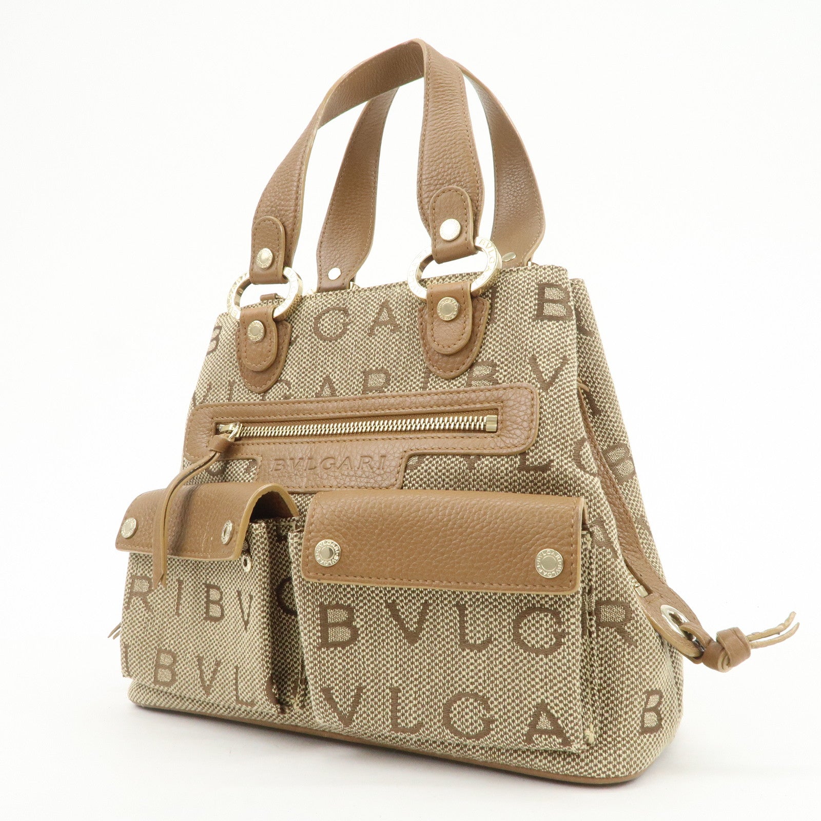 BVLGARI Logo Mania Canvas Leather Hand Bag Light Brown