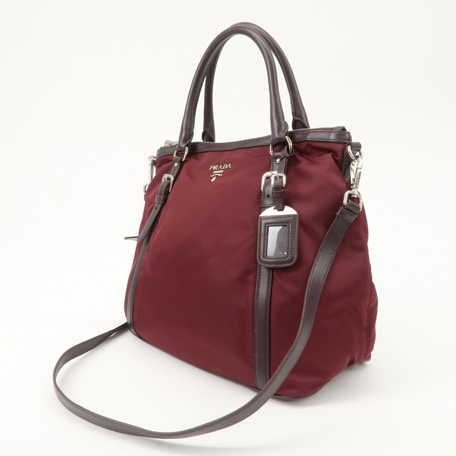 Prada Logo Tessuto Nylon Hand Bag Shoulder Bag Burgundy Red BR5116 Used