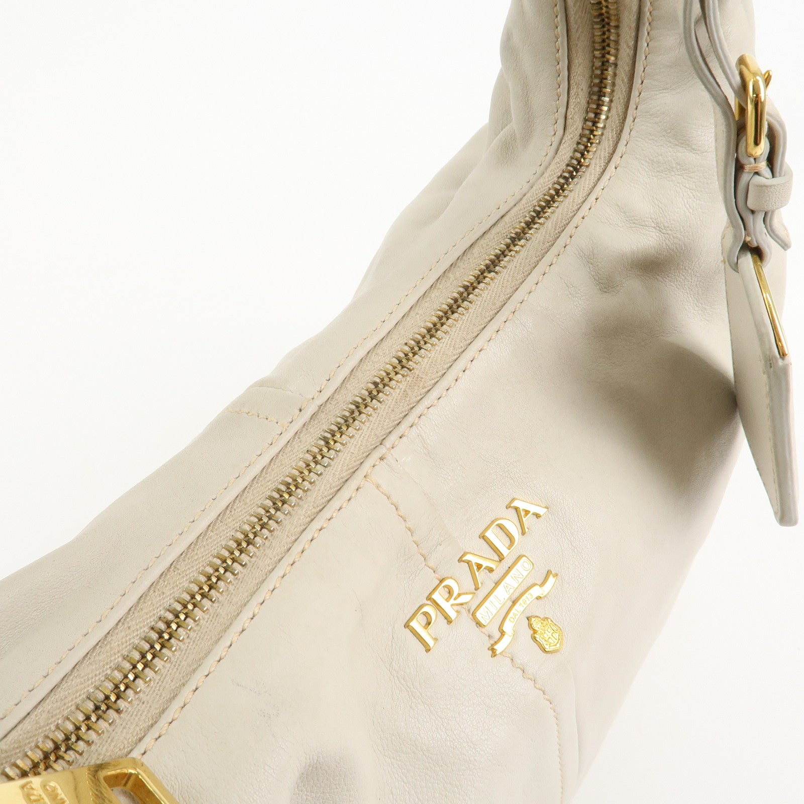 PRADA Logo Leather Shoulder Bag Hand Bag Ivory Gold Hardware Used