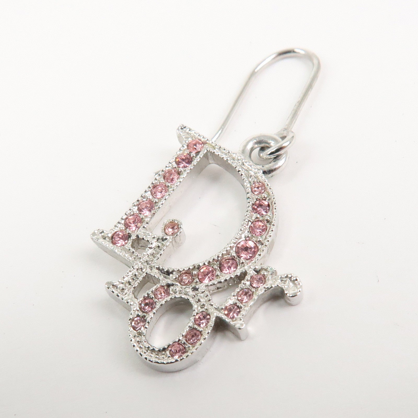 Christian Dior Logo Earrings Metal Silver Pink Crystals