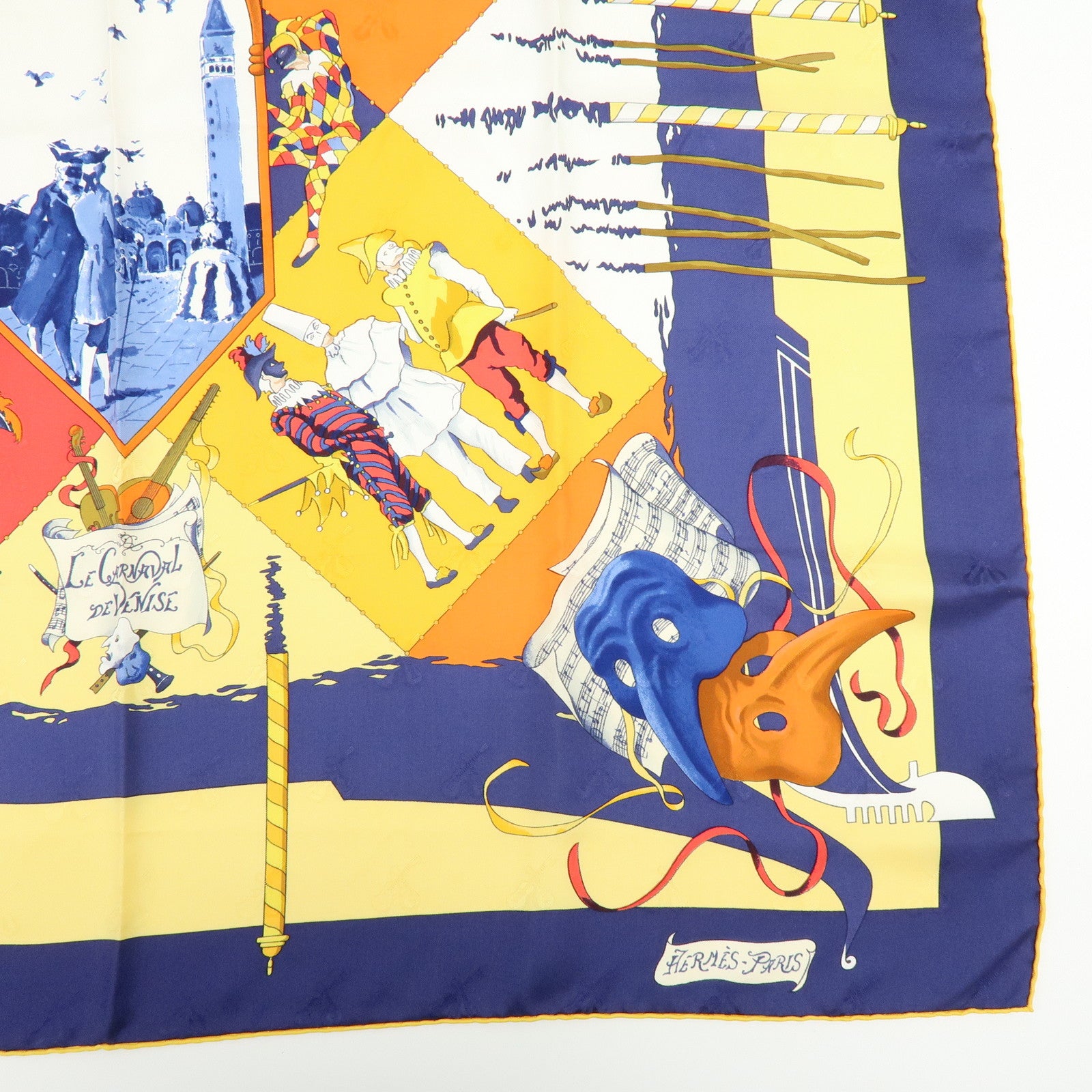 HERMES Carre 90 Silk 100% Scarf LE CARNAVAL DE VENISE Yellow Navy