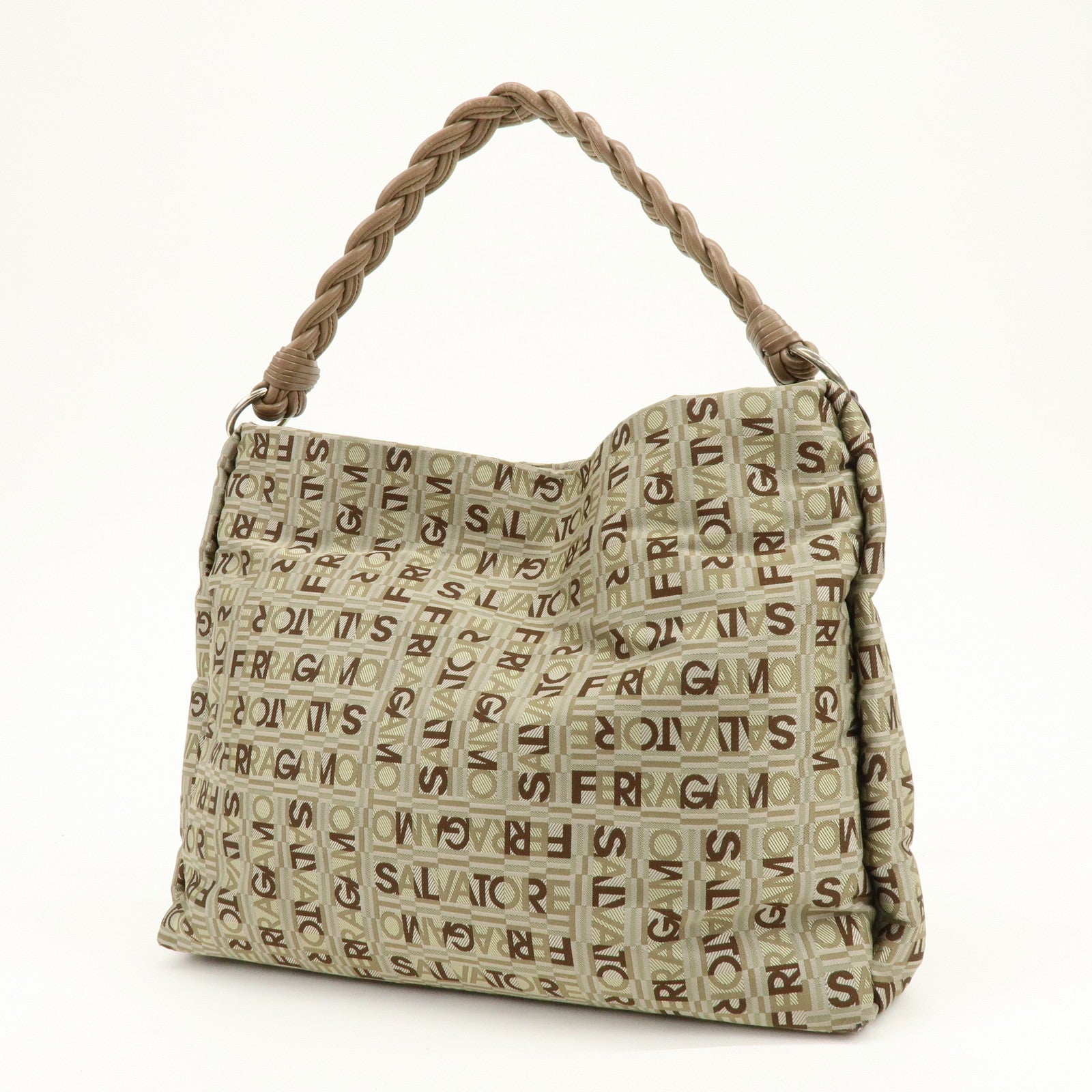 Ferragamo Logo Canvas Leather Shoulder Bag Beige Brown Khaki