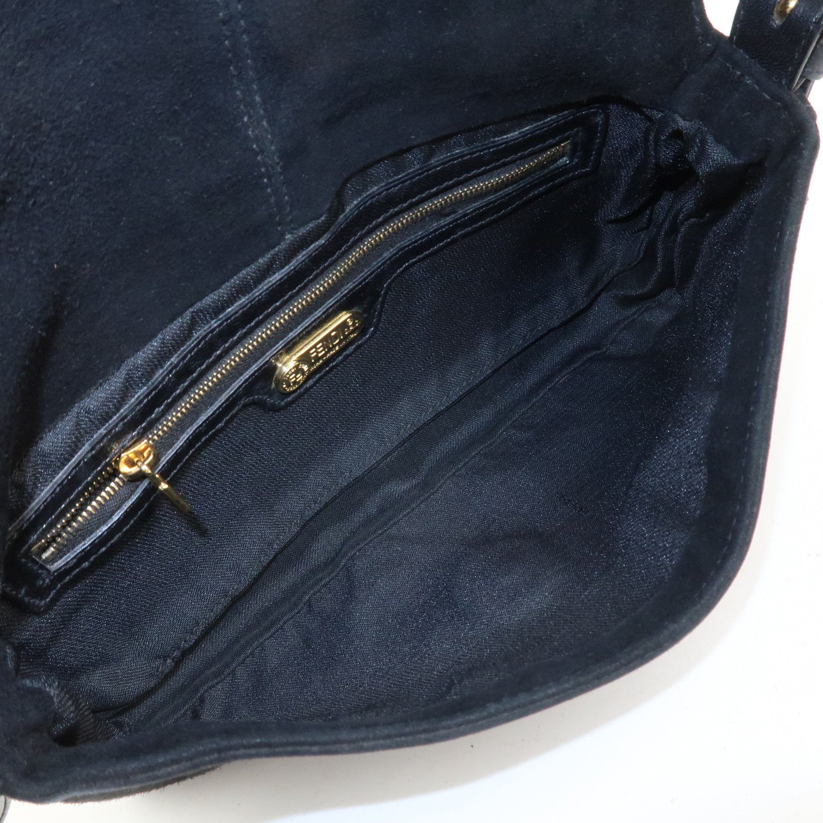 FENDI Mamma Baguette Logo Suede Shoulder Bag Black 26424