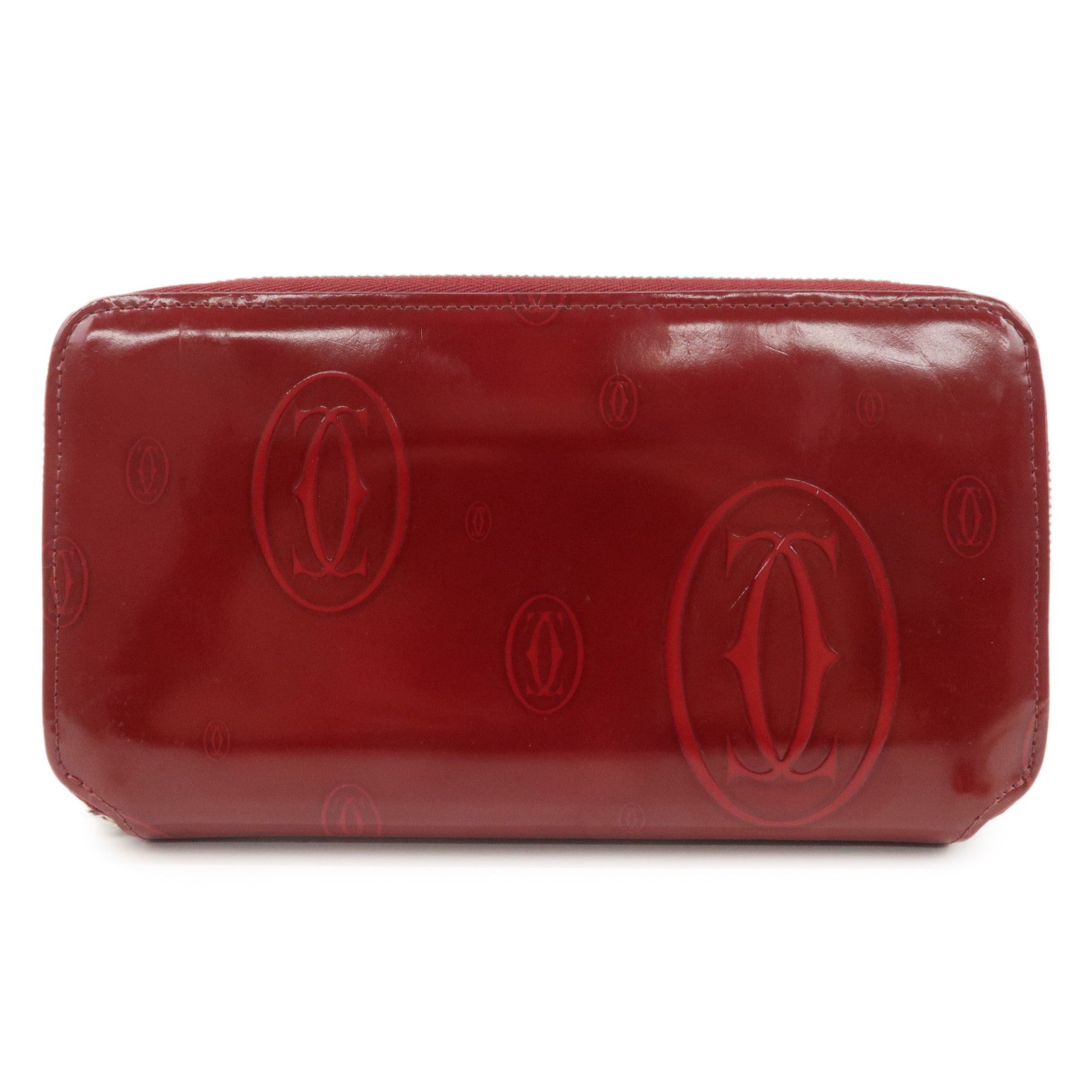 Cartier 2C Patent Leather Round Zippy Long Wallet Bordeaux Used