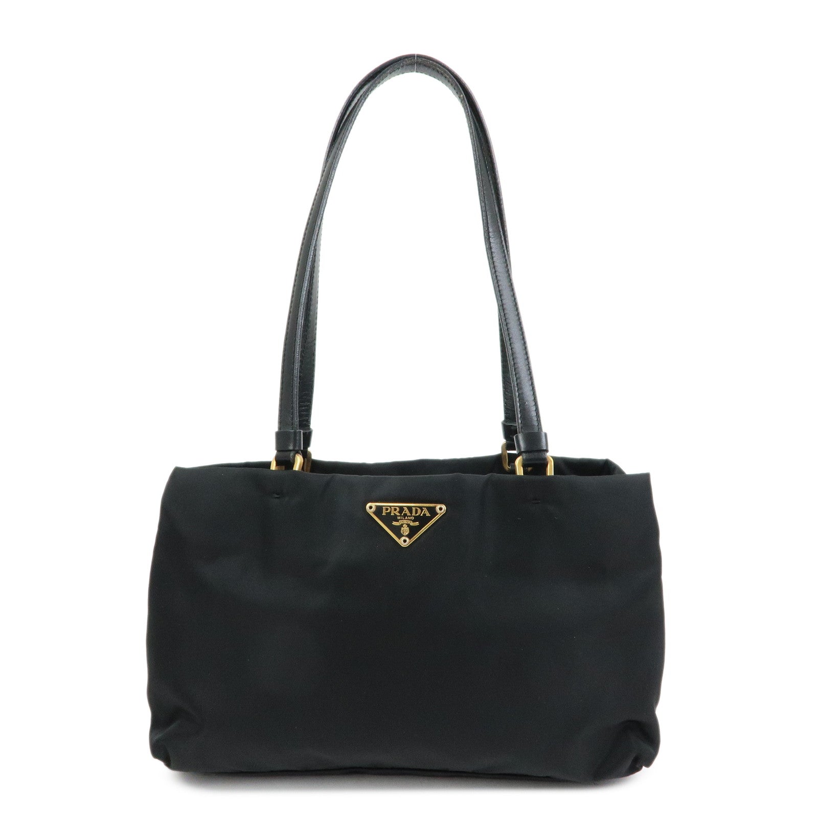 PRADA Triangle Logo Nylon Leather Tote Bag Hand Shoulder Bag Black
