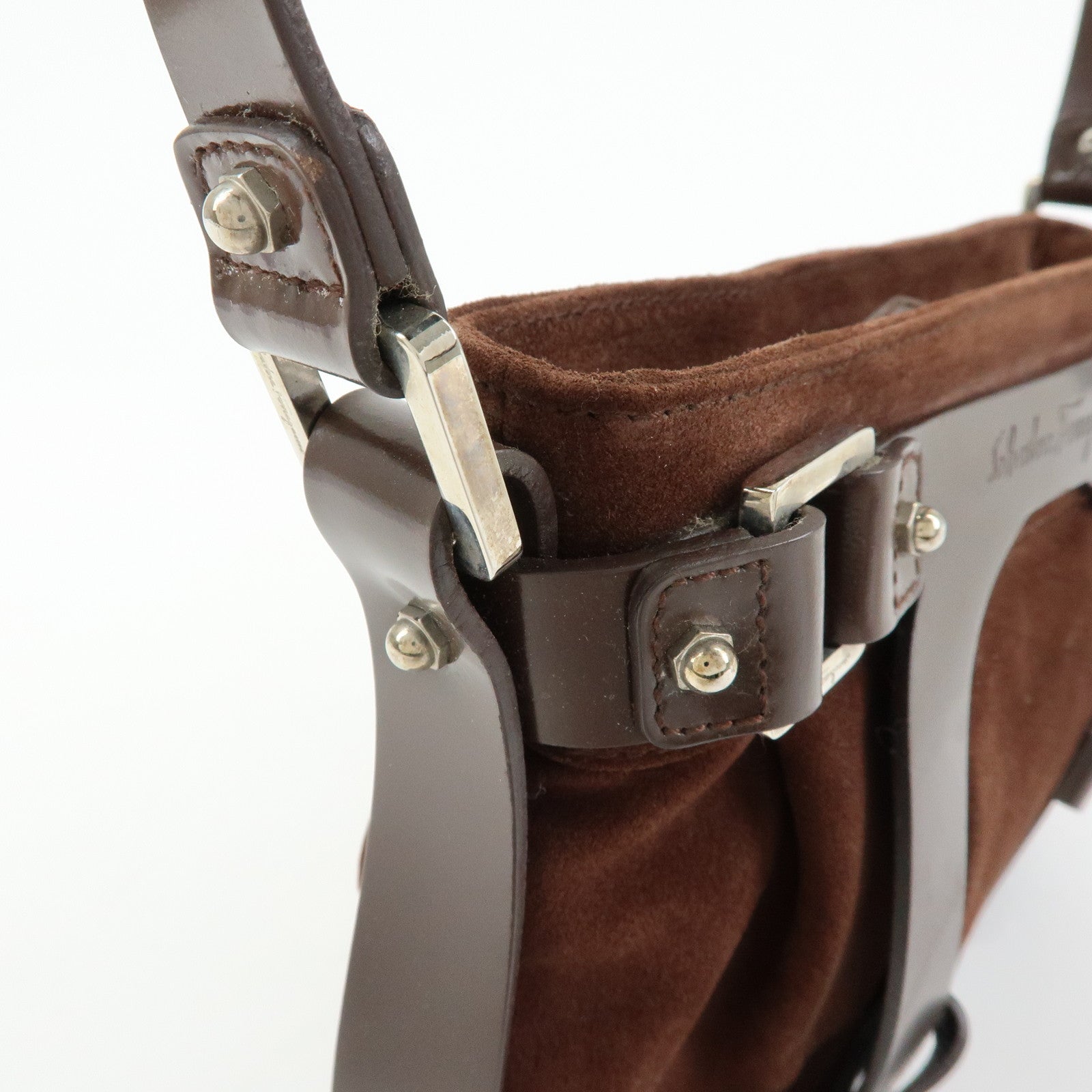 Ferragamo Gancini Suede Leather Hand Bag Shoulder Bag Dark Brown