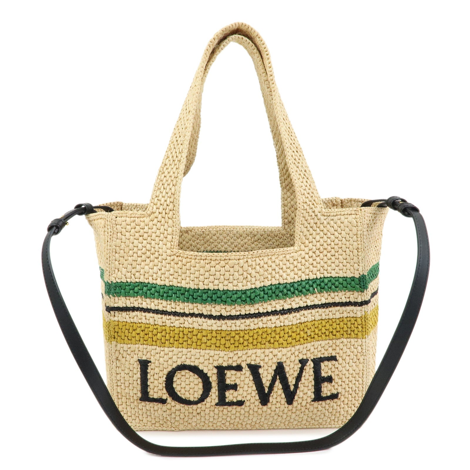 LOEWE Font Tote Bag Raffia Leather 2Way Shoulder Bag Natural Black