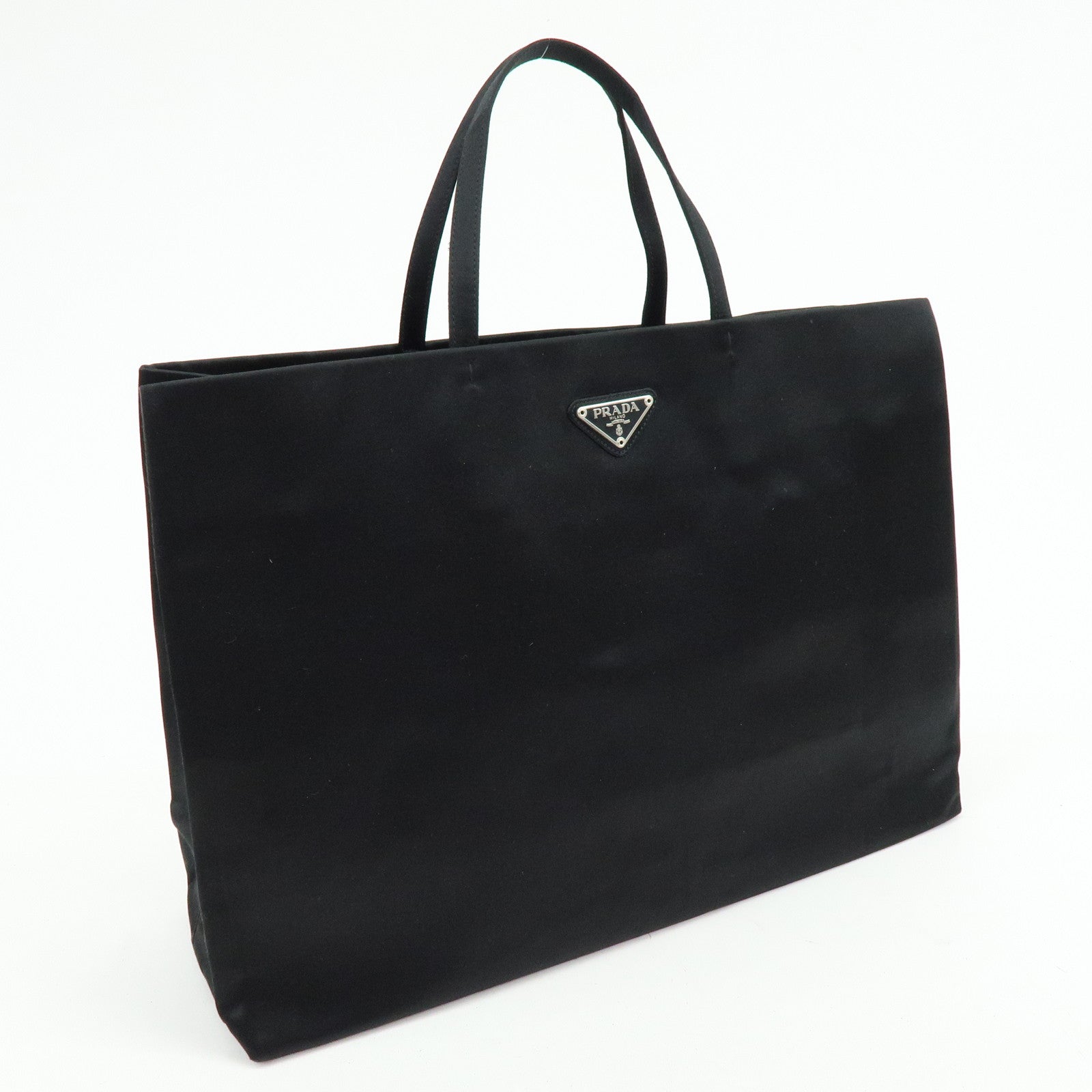 PRADA Triangle Logo Satin Tote Bag Hand Bag Black