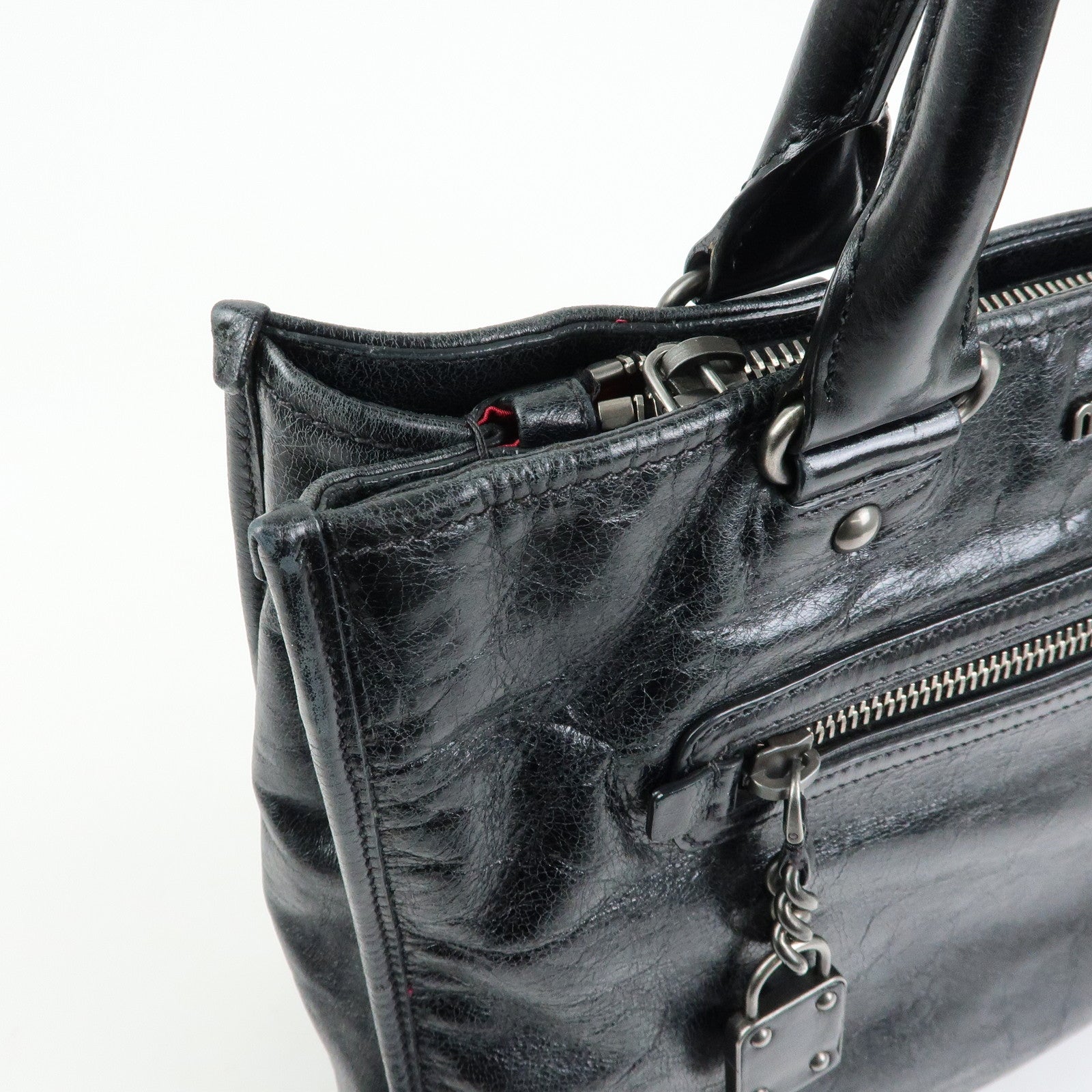 MIU MIU Leather Tote Bag Shoulder Bag Black Padlock Charm