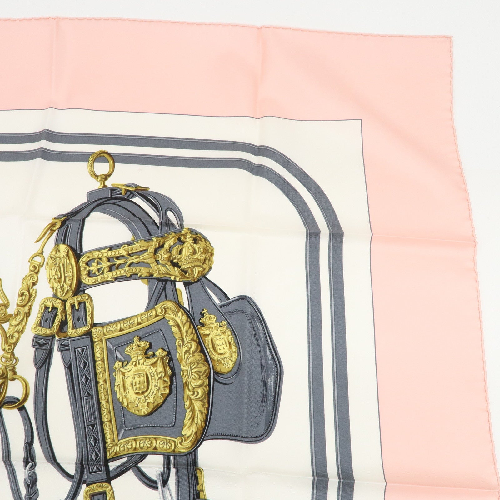 HERMES Carre 90 Silk 100% RIDES DE GALA Scarf Light Pink White