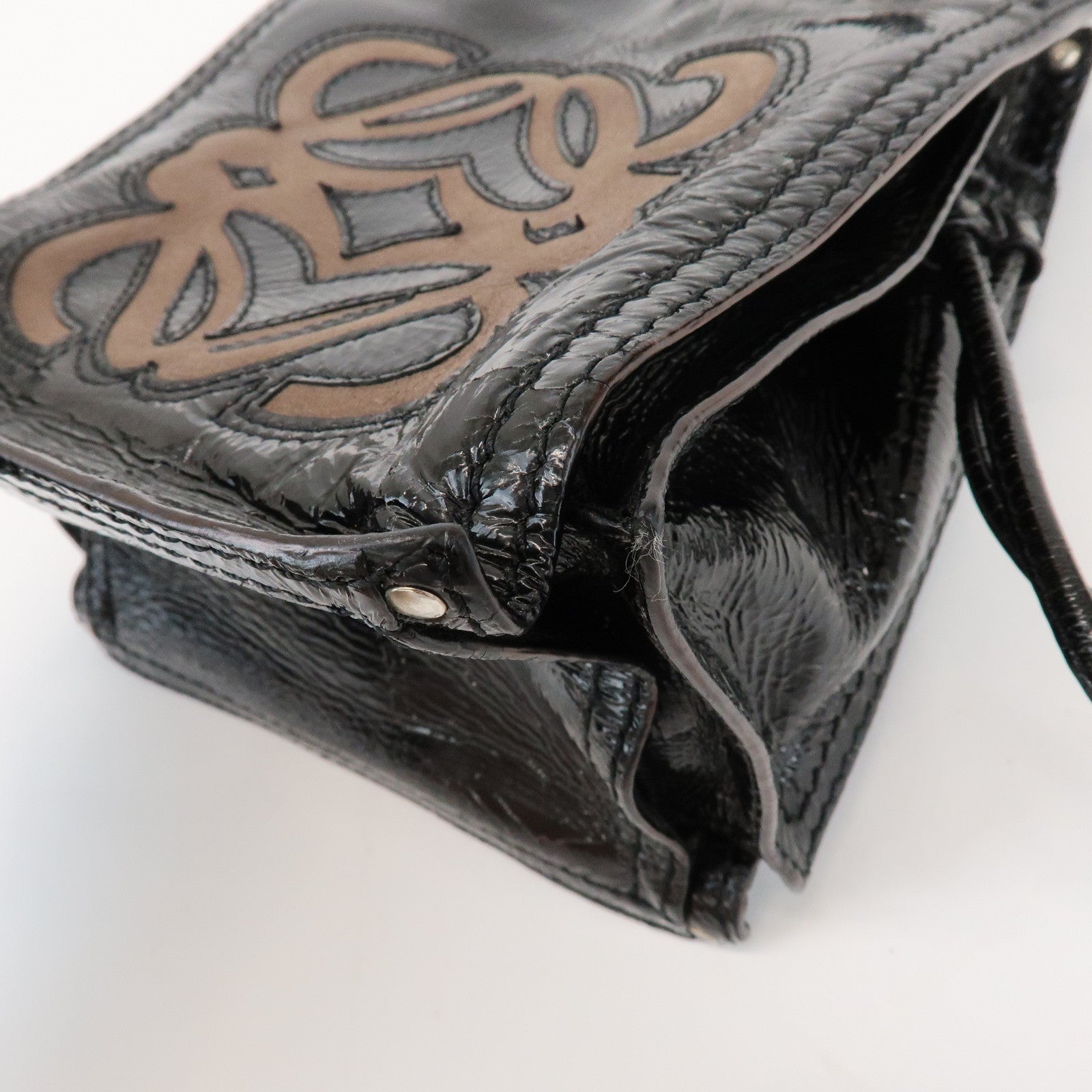 LOEWE Anagram Patent Leather Hand Bag Shoulder Bag Black Brown