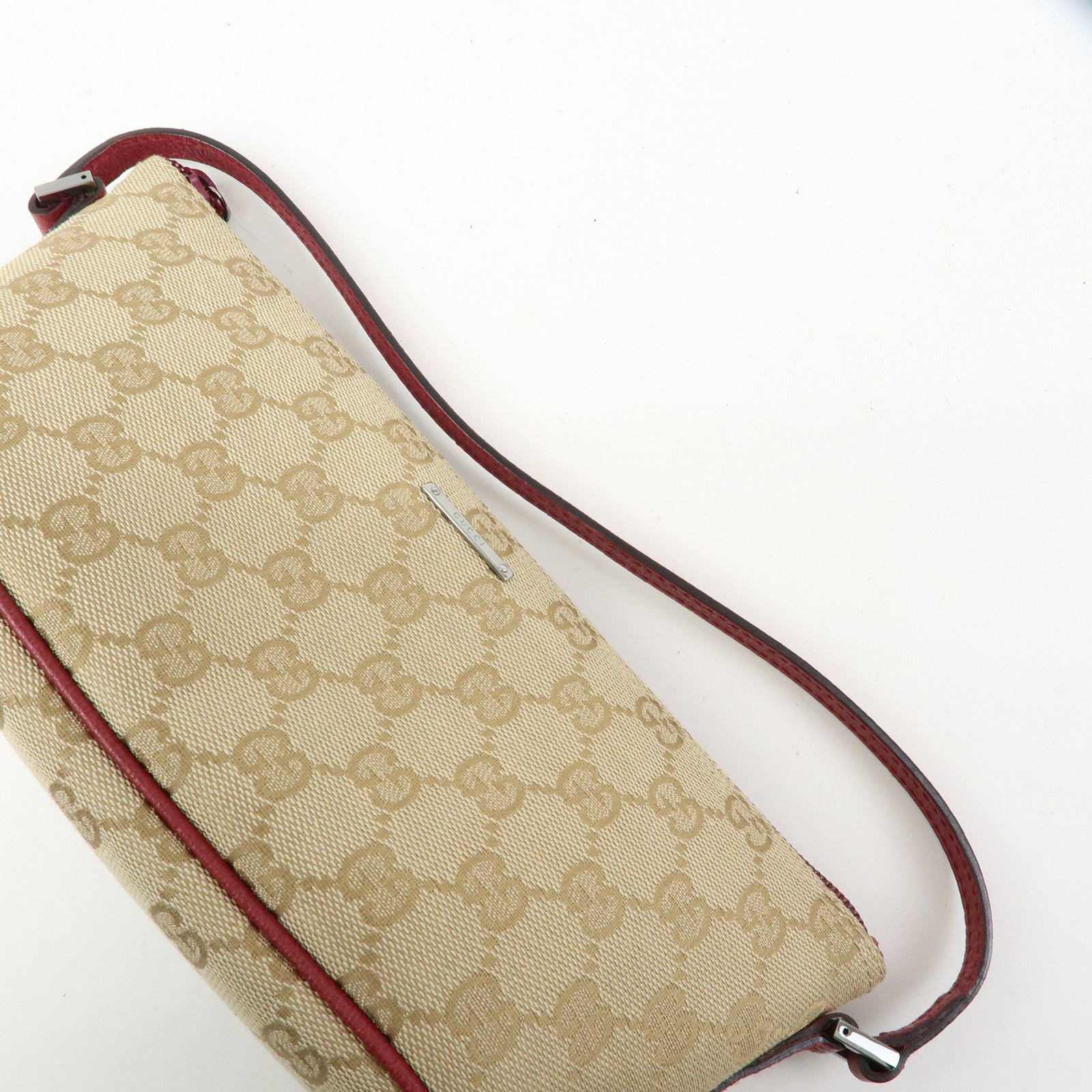 GUCCI Boat Bag GG Canvas Leather Hand Bag Beige Red 07198
