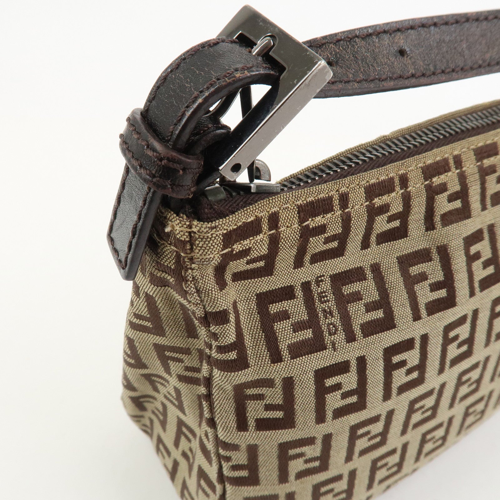 FENDI Zucchino Canvas Leather Hand Bag Pouch Bag Brown 8N0001