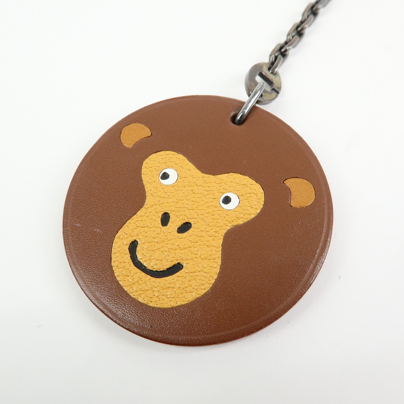 HERMES Leather Bag Charm Key Holder Monkey Brown Yellow