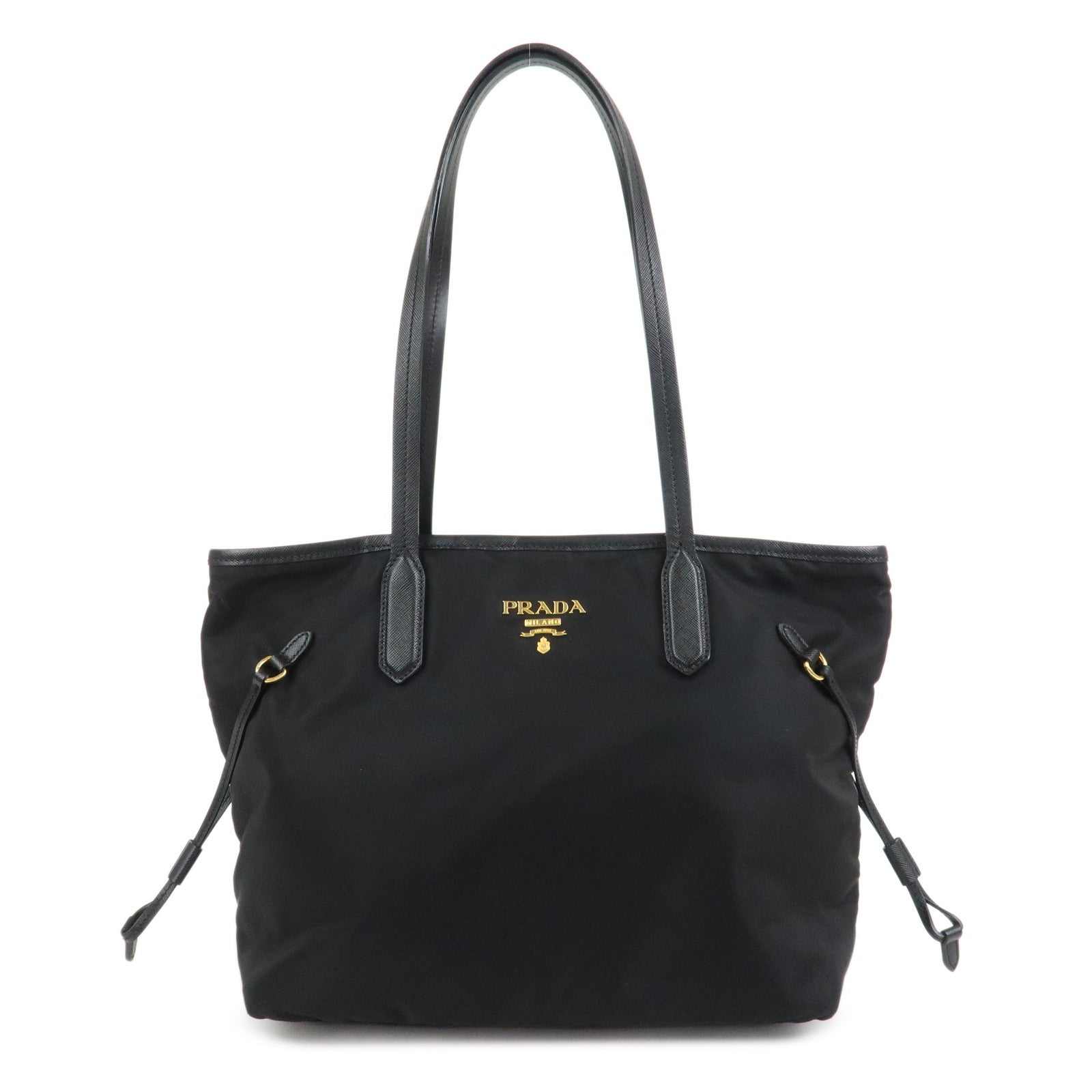PRADA Logo Nylon Saffiano Leather Tote Bag Shoulder Bag Black