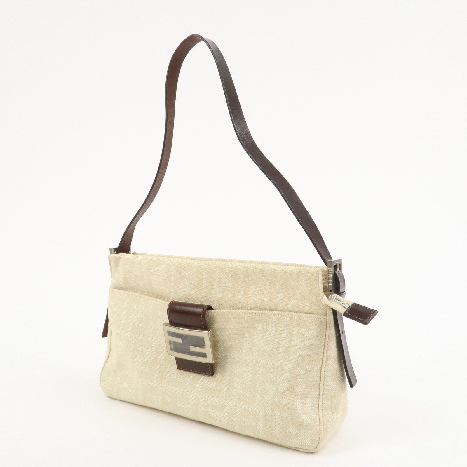 FENDI Zucca Canvas Leather Shoulder Bag Ivory Brown 26566