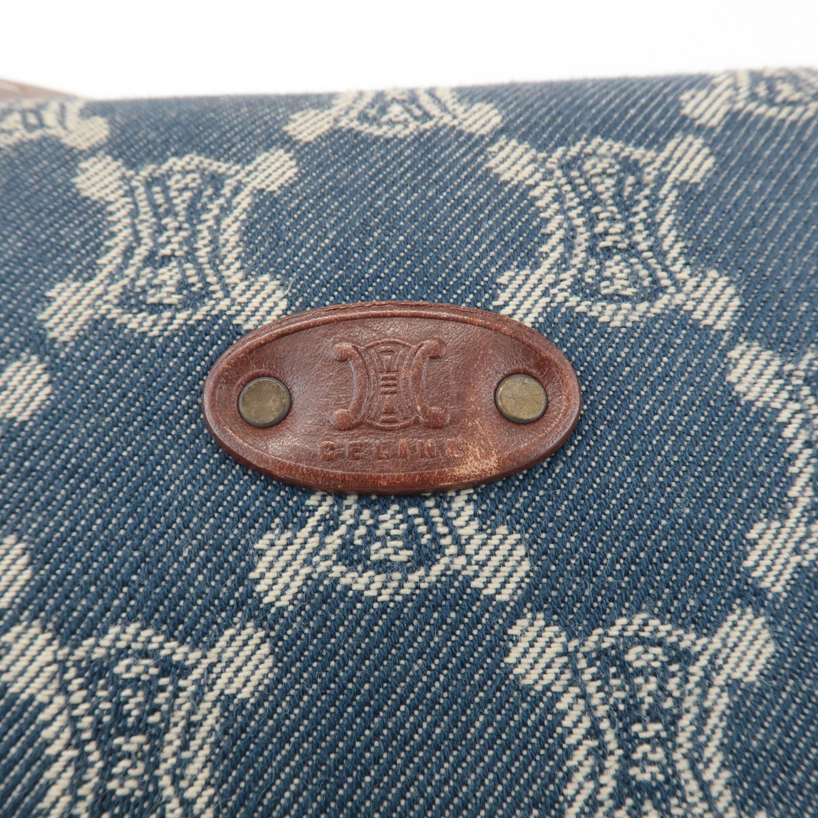 CELINE Macadam Denim Canvas Leather Shoulder Bag Blue Brown Used