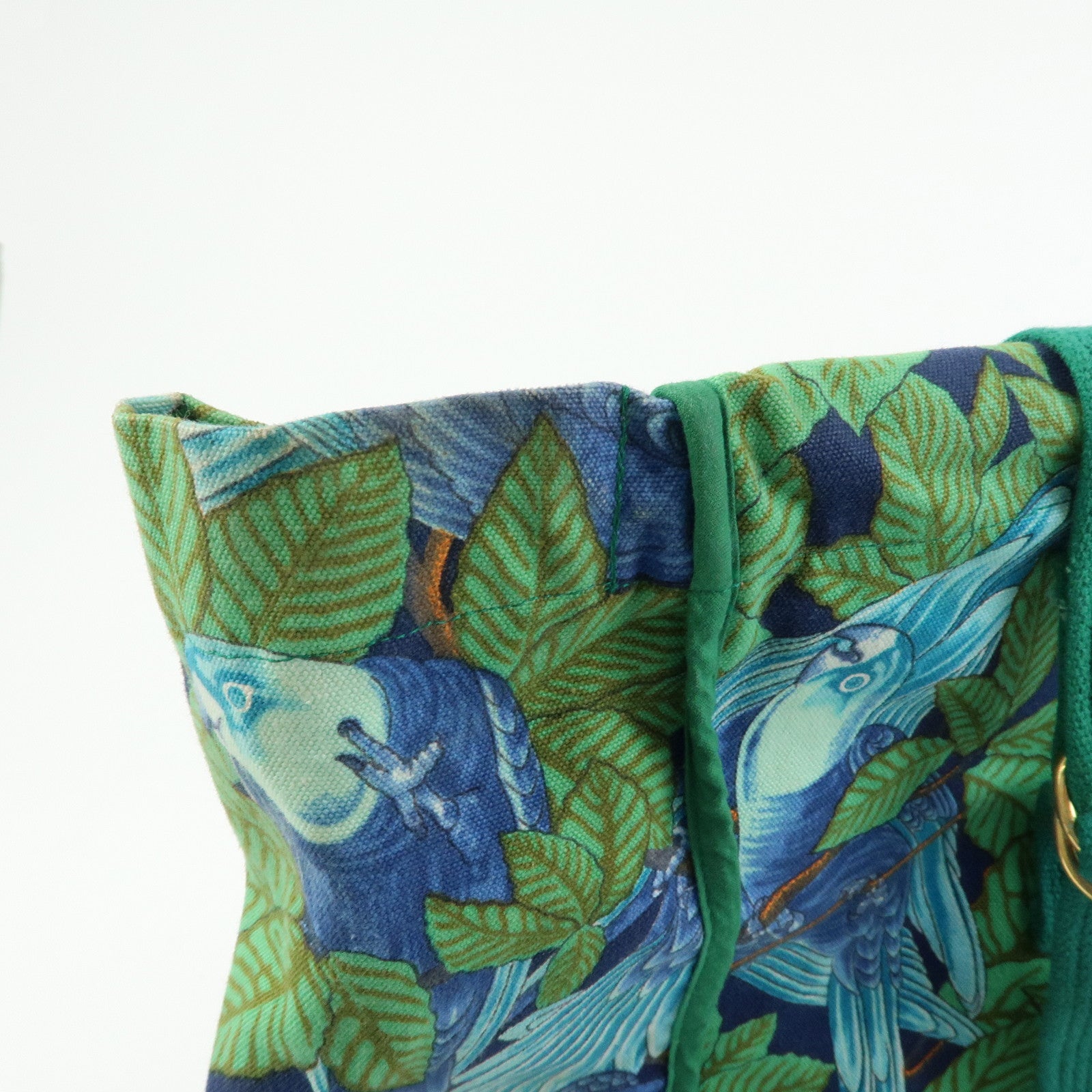 HERMES Canvas Large Beach Tote Bag Botanical Motif Blue Green