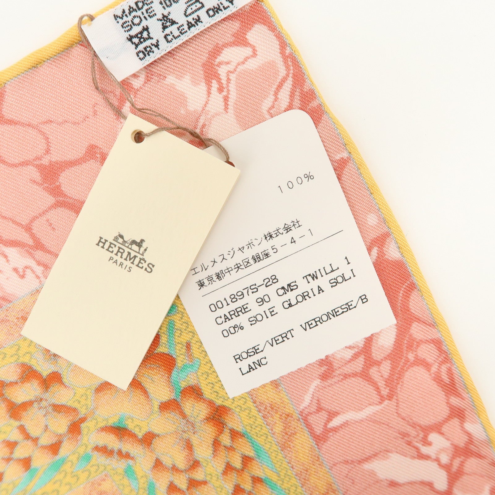 HERMES Carre 90 Silk 100% Scarf CARPE DIEM Pink White