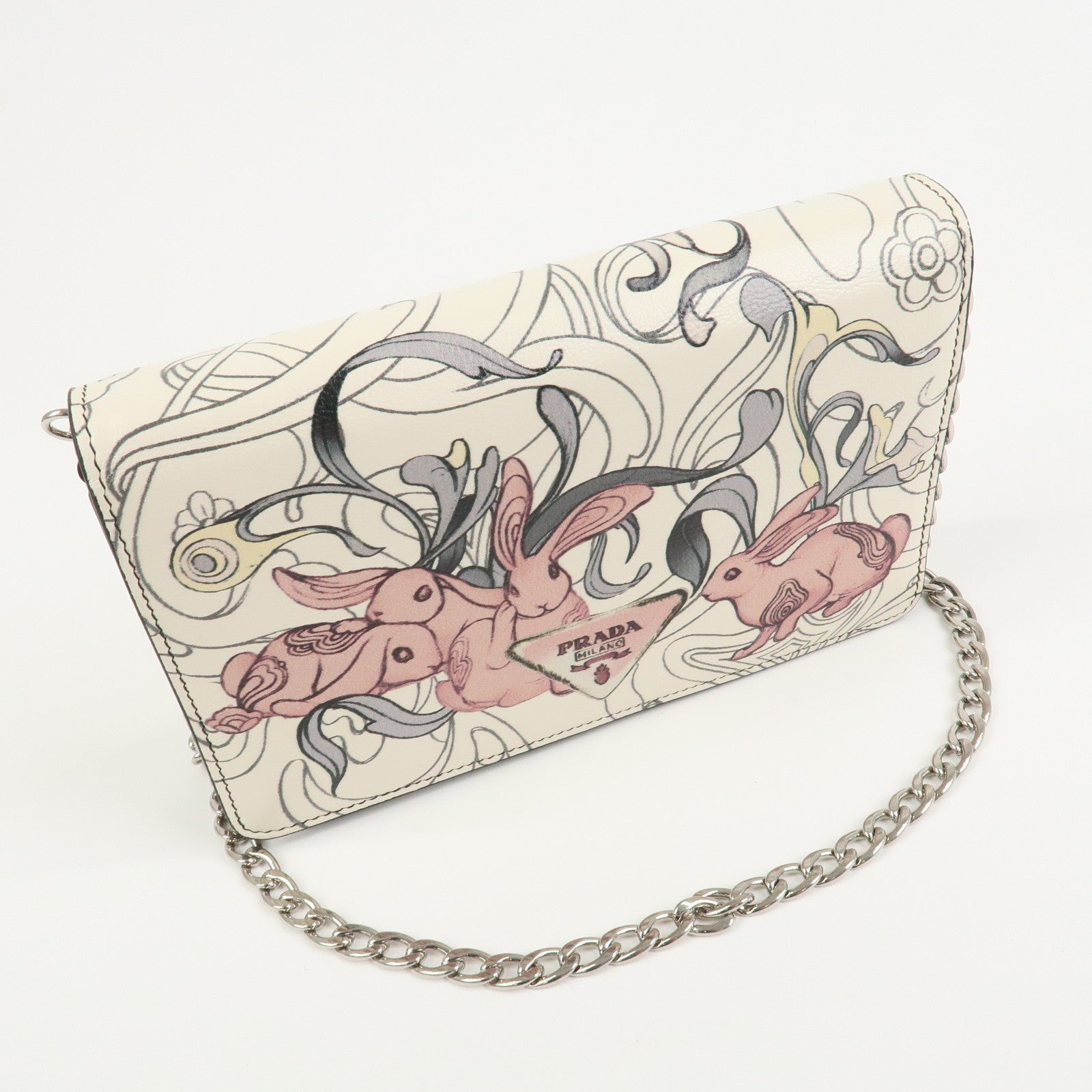 PRADA Leather Chain Shoulder Bag Crossbody Bag Rabbit Ivory 1BP012