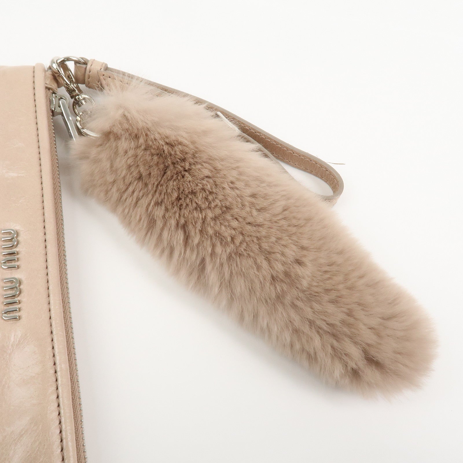 MIU MIU Leather Fur Clutch Bag Pouch Pink Beige 5NH811