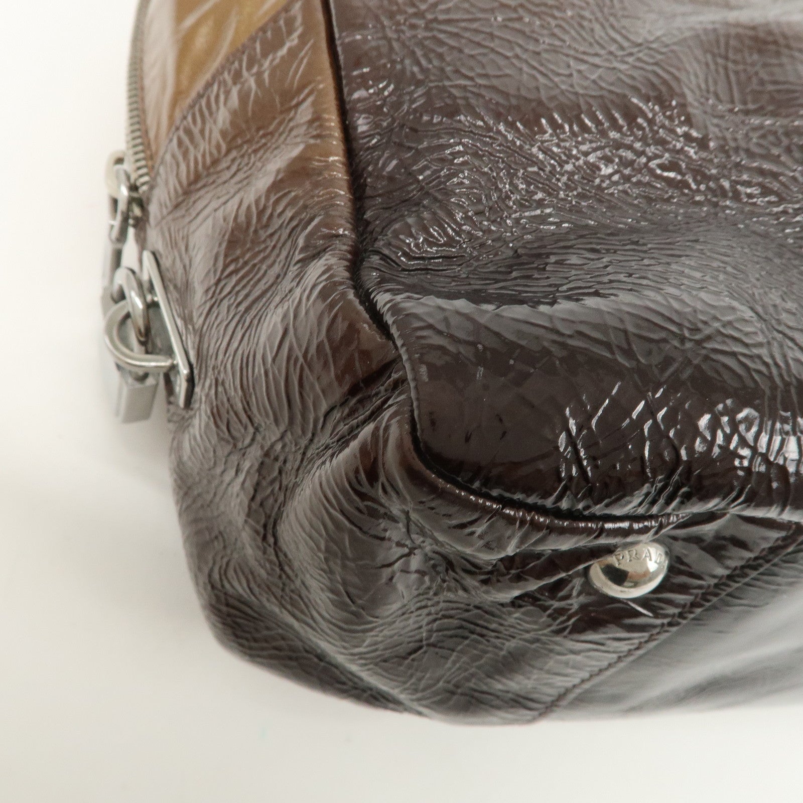 PRADA Logo Patent Leather Hand Bag Boston Bag Brown BL0555