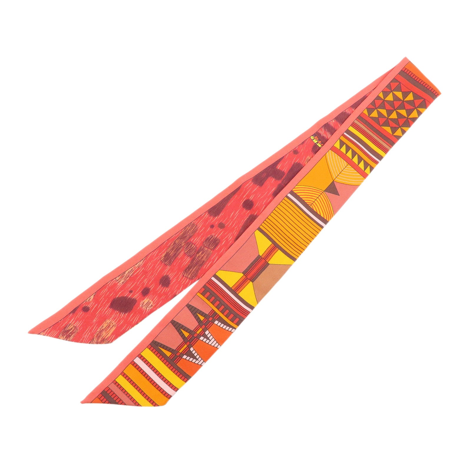 HERMES Twilly Silk 100% Scarf PELAGES ET CAMOUFLAGE Orange Red