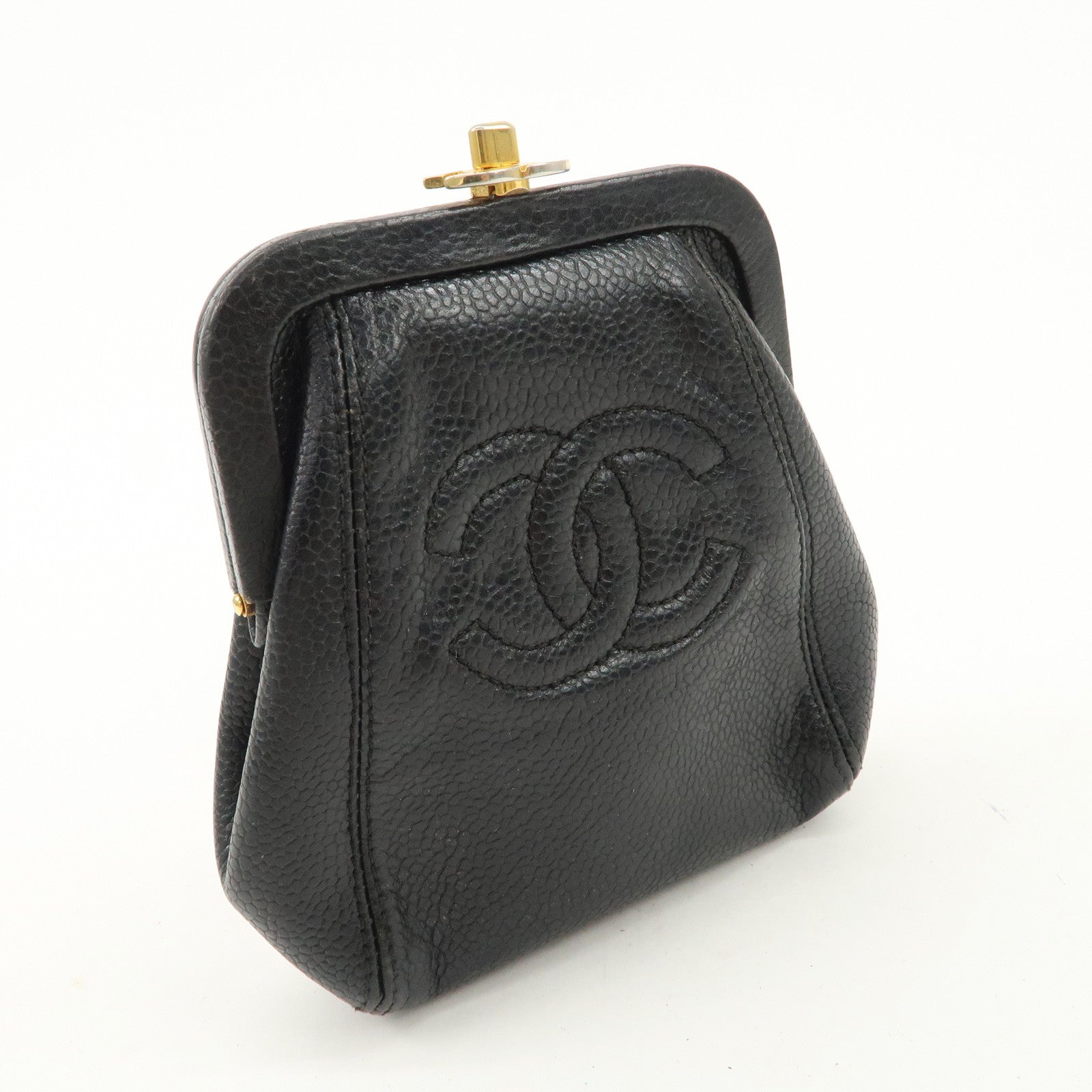 CHANEL COCO Mark Caviarskin Purse Wallet Pouch Black Used
