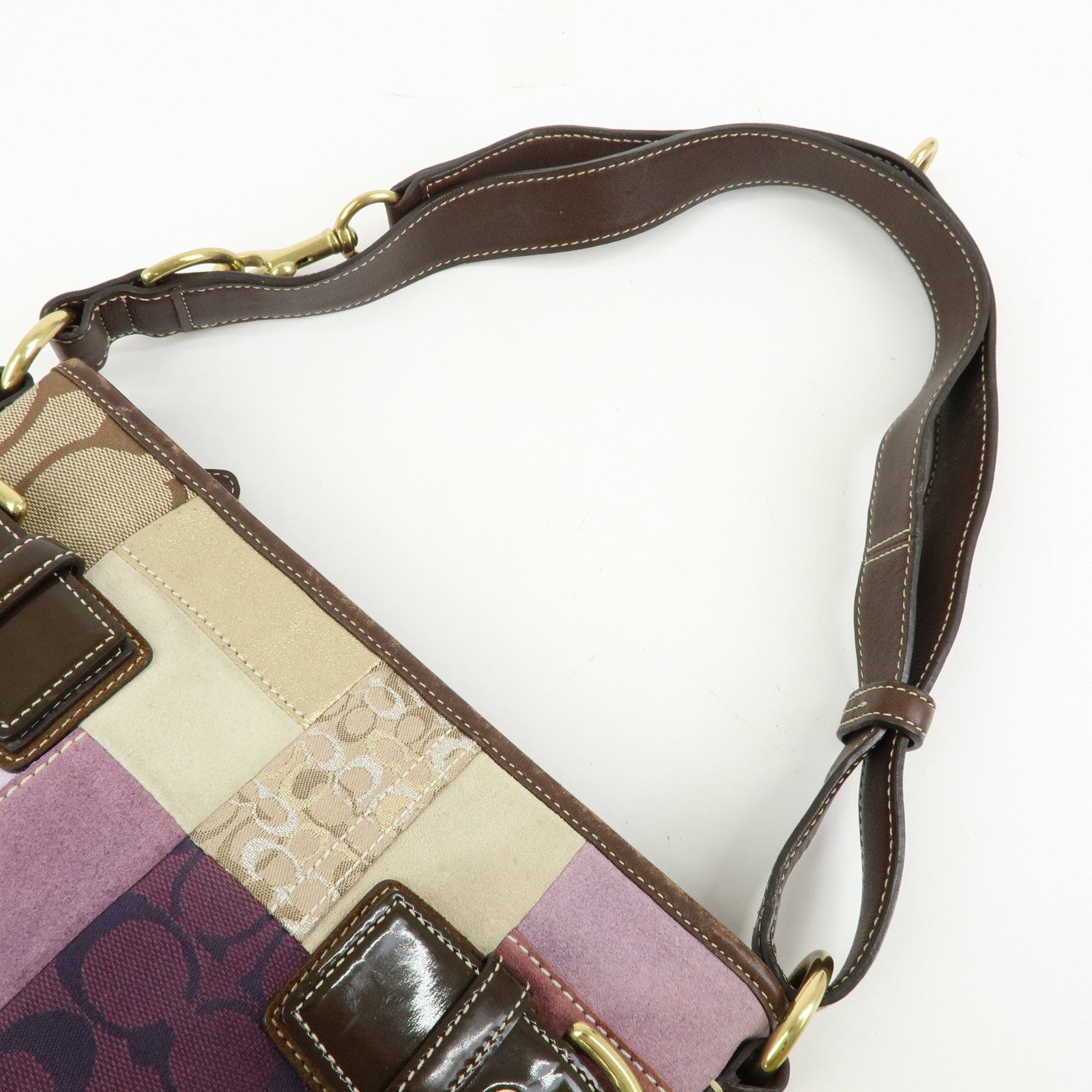COACH Signature Suede Patent Leather Shoulder Bag Brown Patchwork