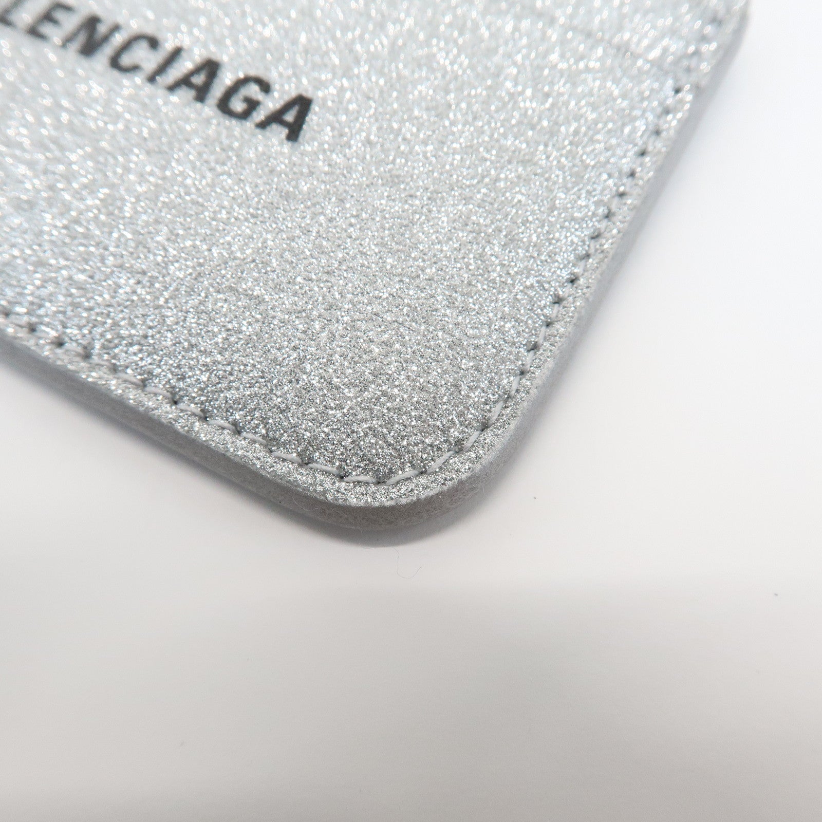 BALENCIAGA Logo Leather Card Case Card Holder Silver