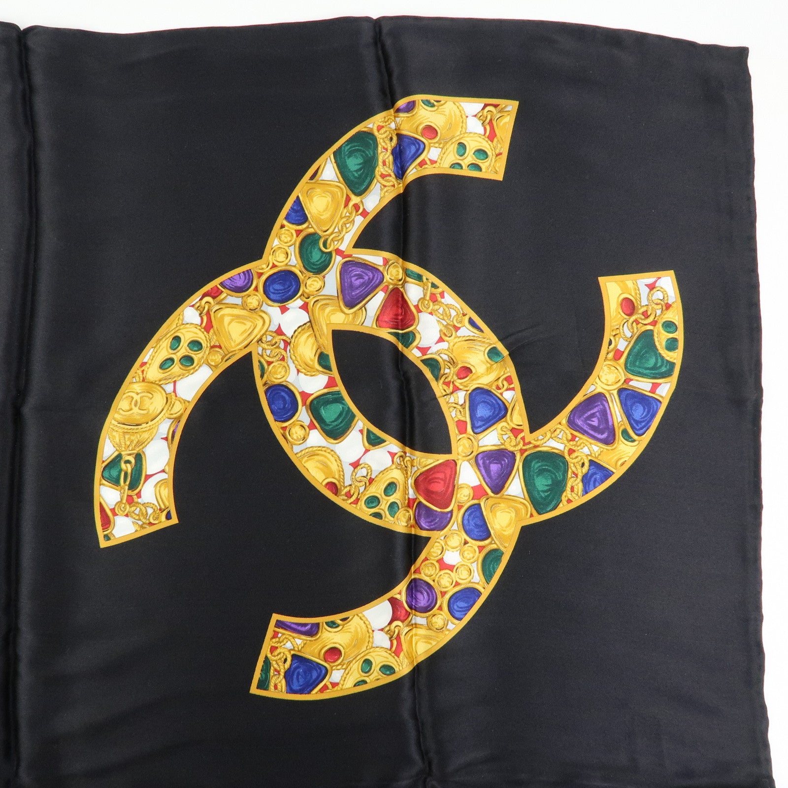 CHANEL COCO Mark Jewelry Silk 100% Scarf Black Yellow Multicolor