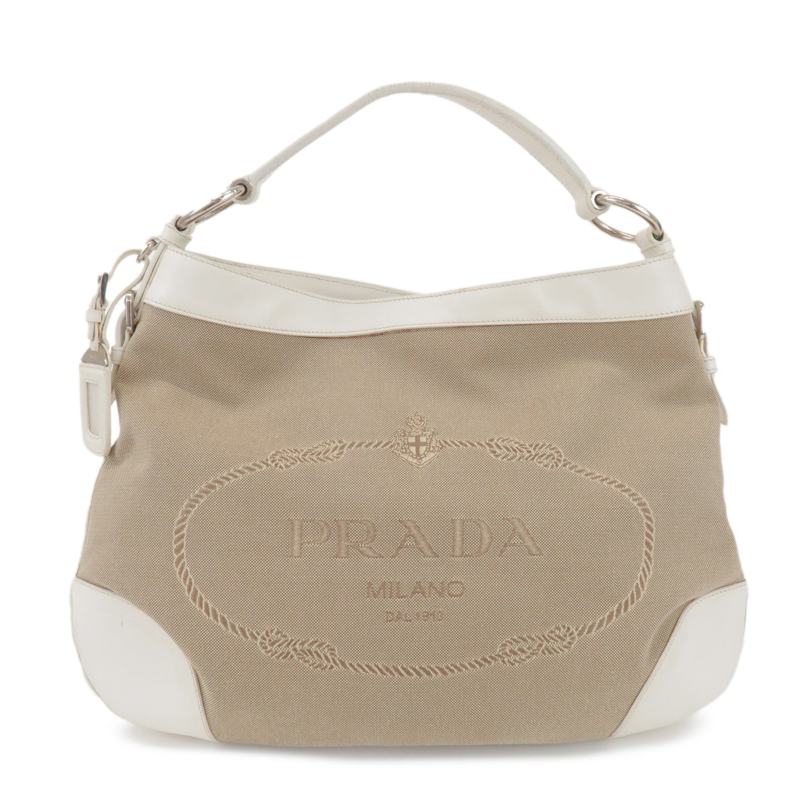 PRADA Jacquard Canvas Leather Shoulder Bag Hand Bag Beige Ivory