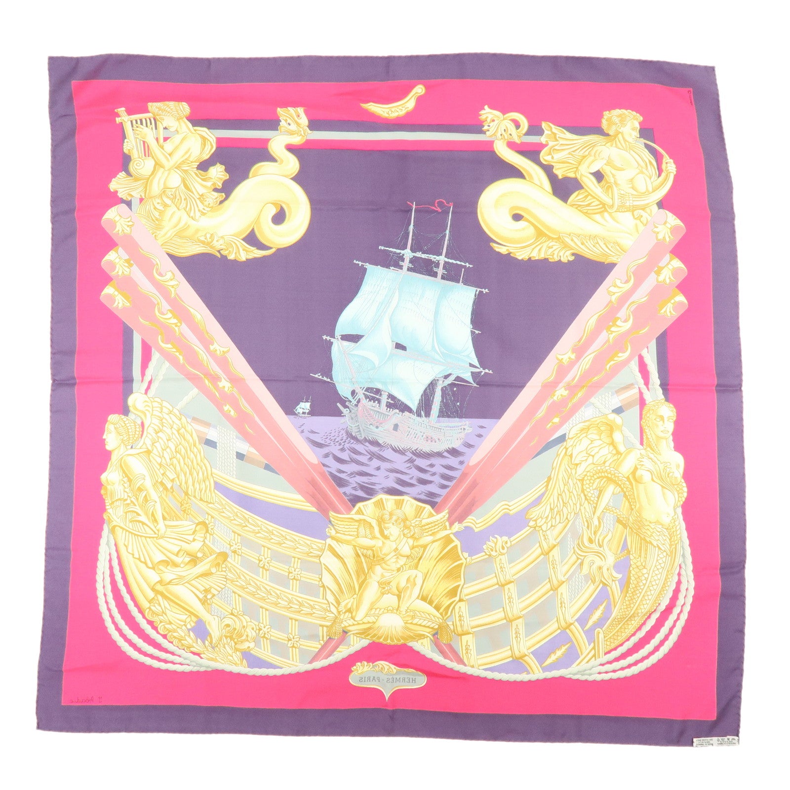 HERMES Carre 90 Silk 100% Scarf Lephyr Sailingship Purple Pink