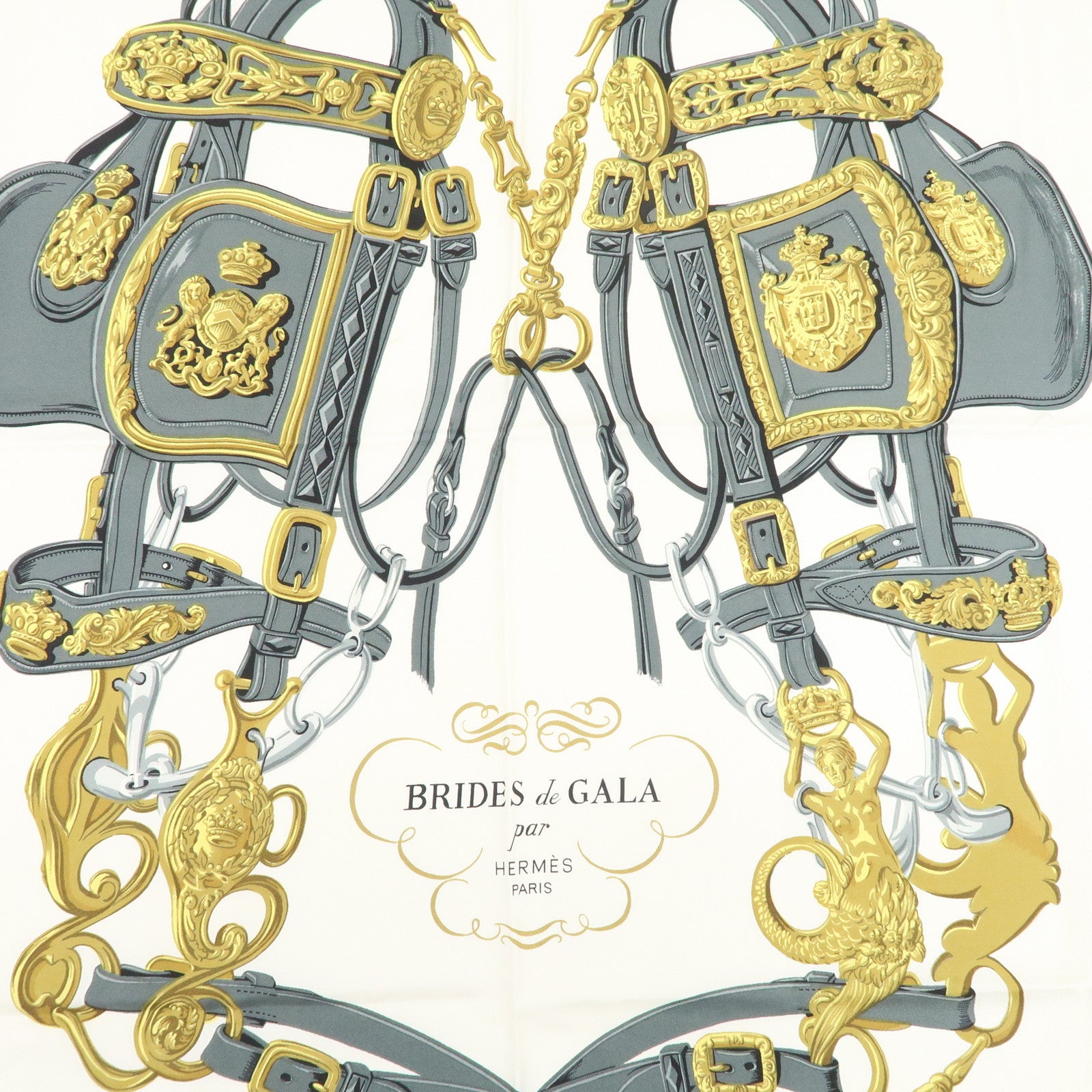 HERMES Carre 90 Silk 100% Scarf BRIDES DE GALA White Blue