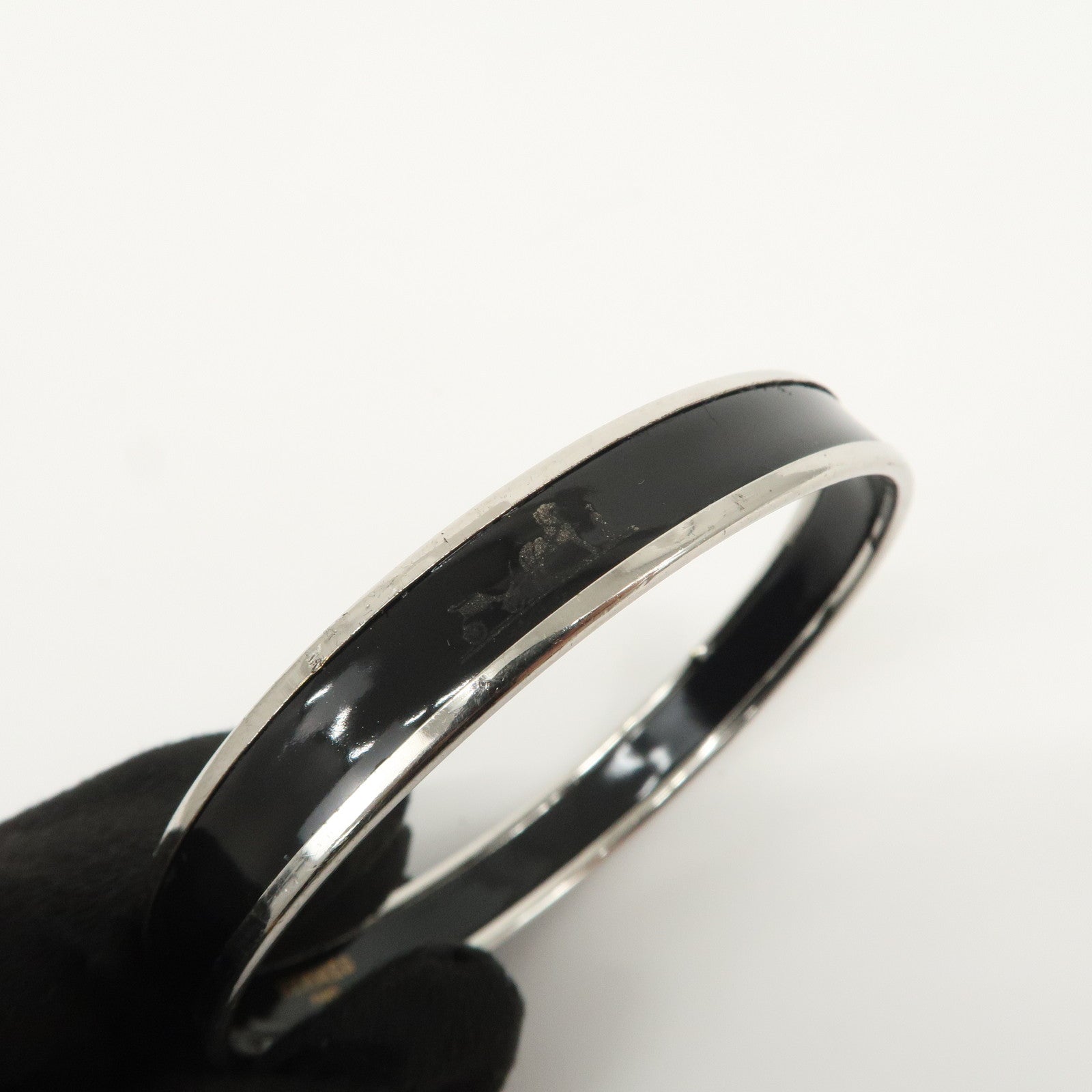 HERMES Email PM Silver Plated Bracelet Bangle Black Silver