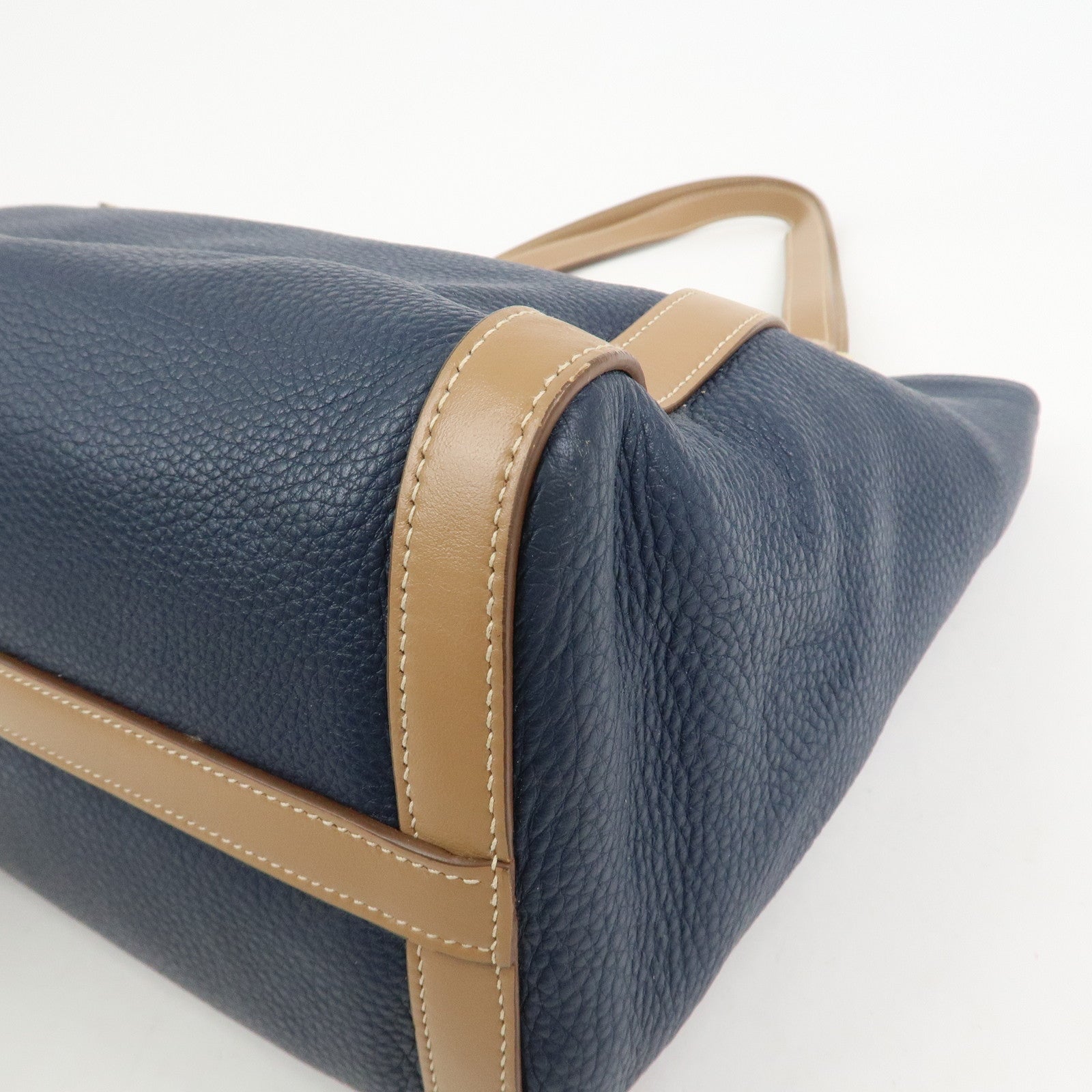 PRADA Logo Leather Tote Bag Shoulder Bag Navy Light Brown 1BG064