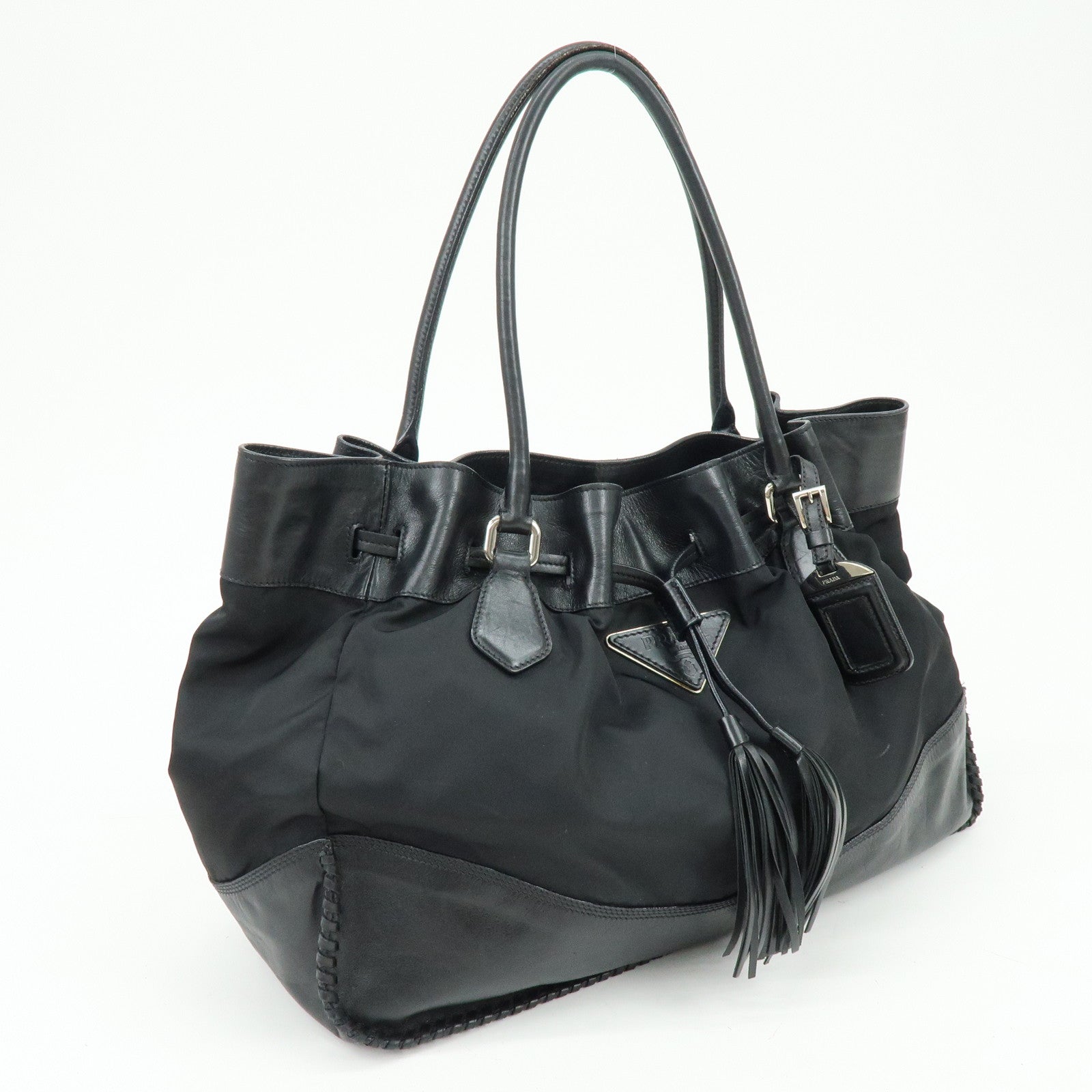 PRADA Triangle Logo Nylon Leather Tote Bag Hand Bag Black BR3616