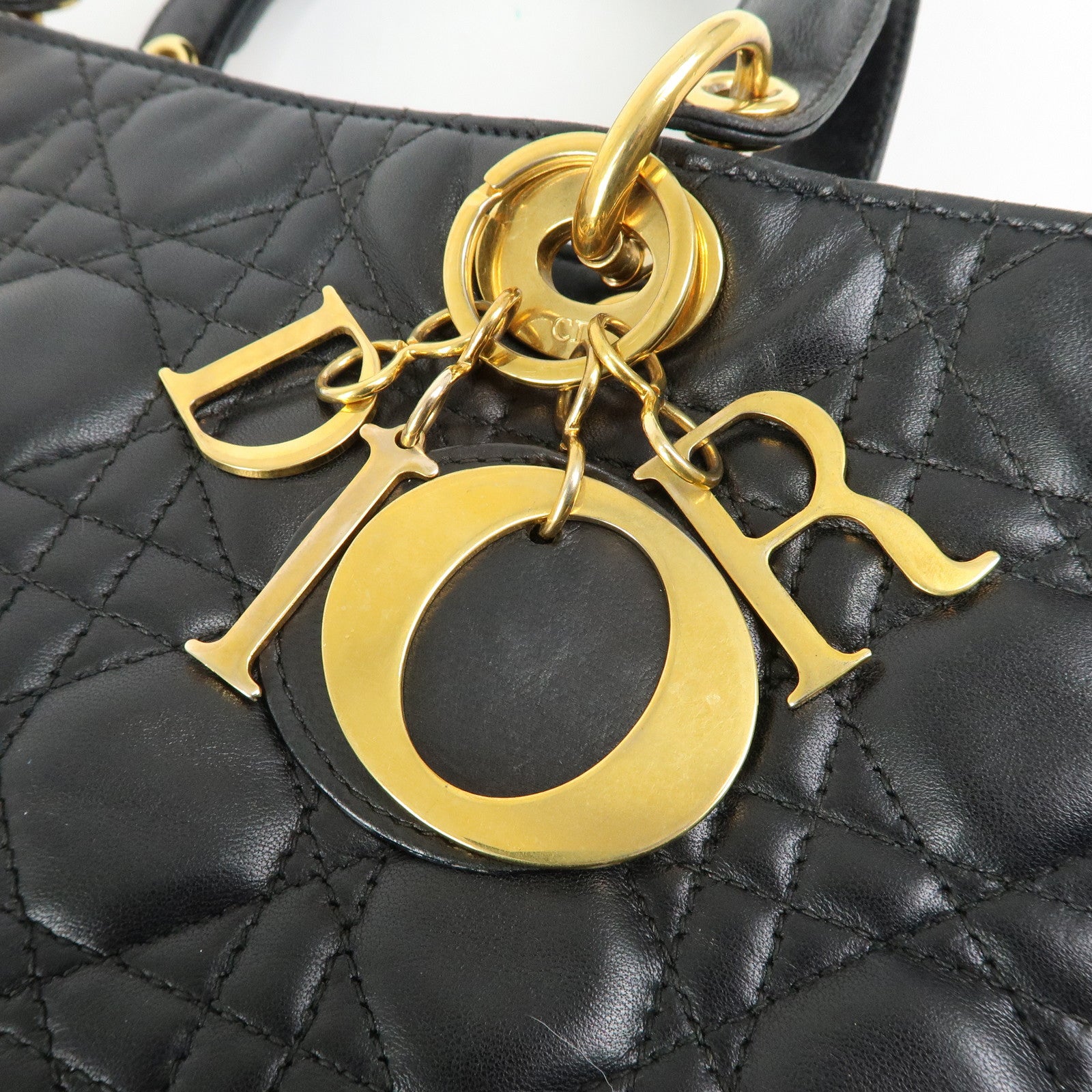 Christian Dior Canage Lady Dior Lamb Skin Hand Bag Black