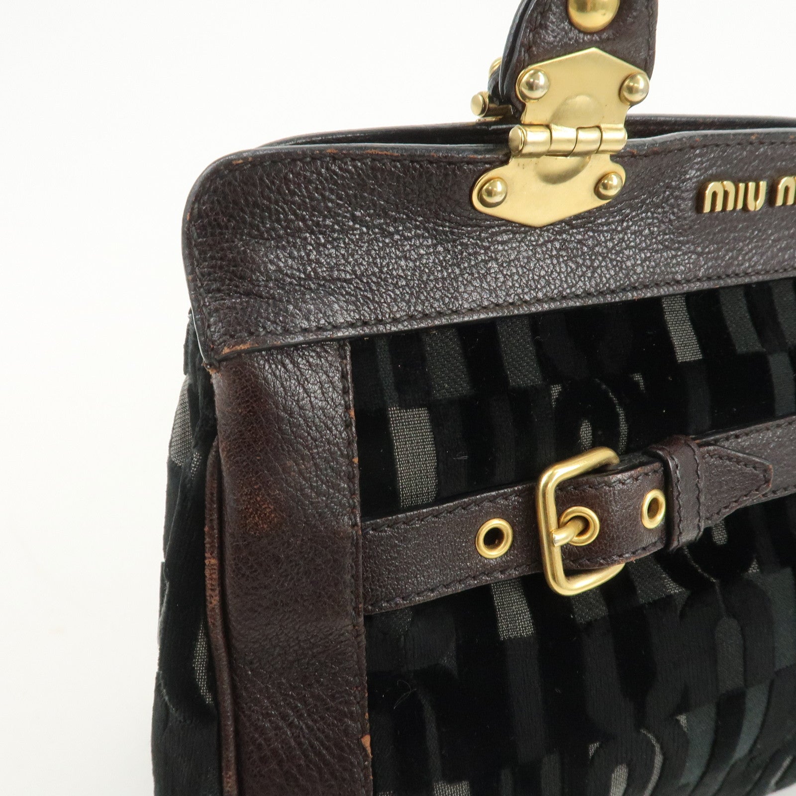 MIU MIU Logo Velour Leather Shoulder Bag Black Brown