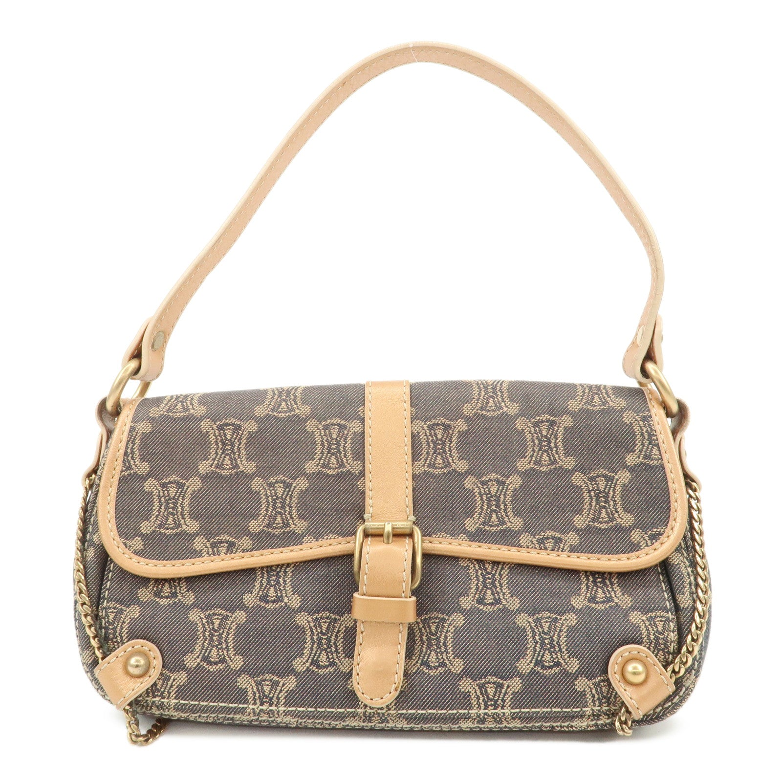 CELINE Macadam Denim Leather Shoulder Bag Metalic Pink Beige Navy