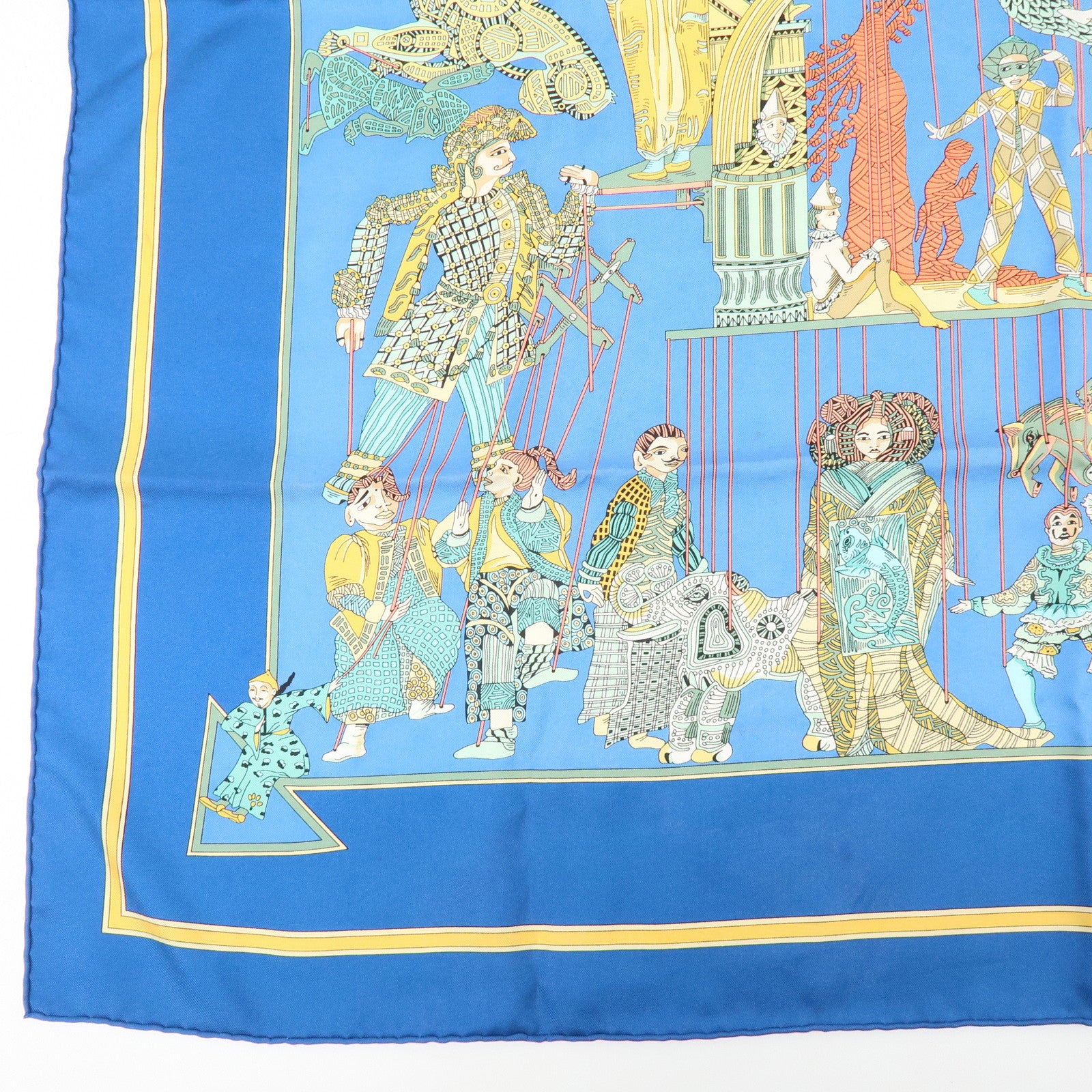 HERMES Carre 90 Silk 100% Scarf LE TEMPS des MARIONNETTES Blue