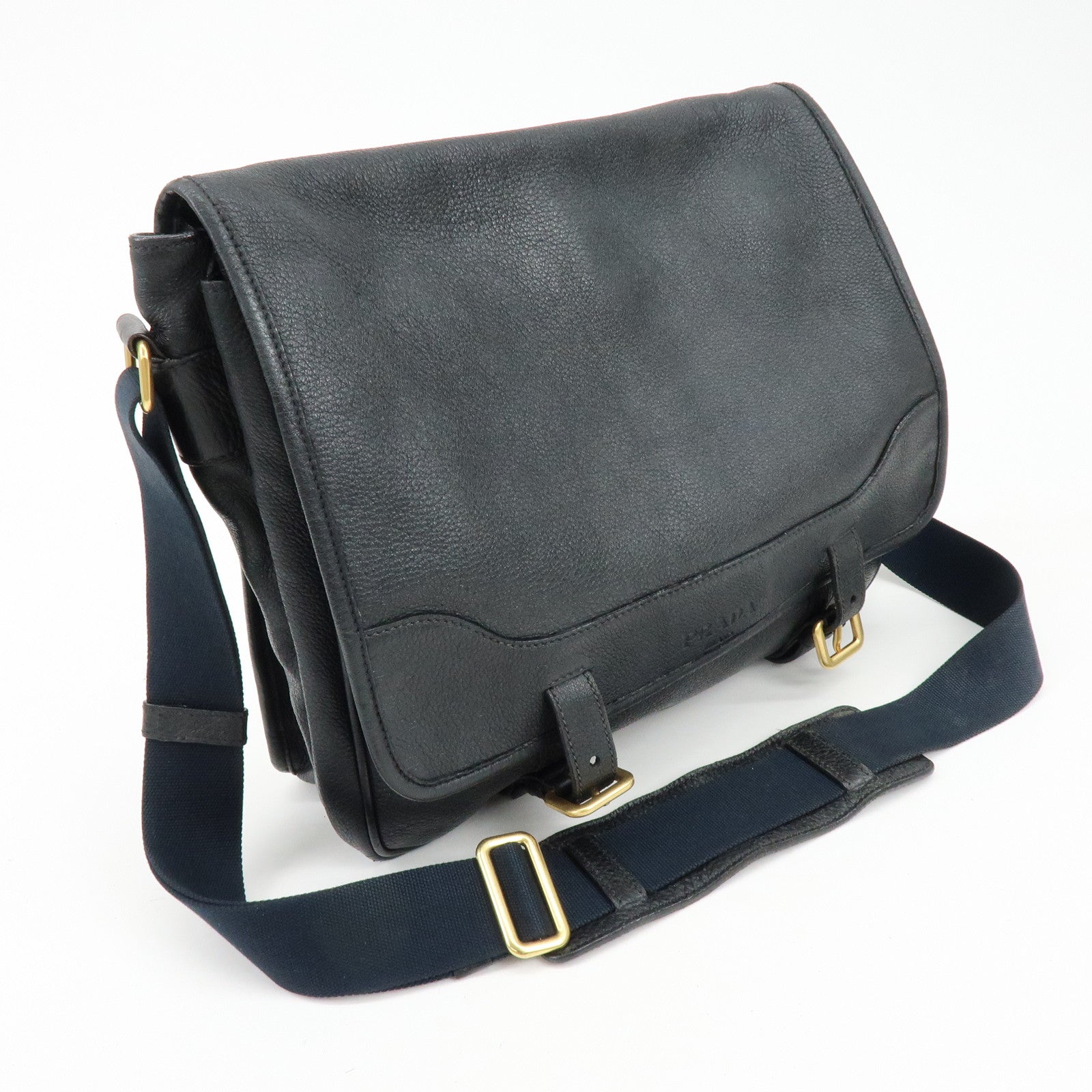 PRADA Logo Leather Shoulder Bag Crossbody Bag Black VA0638