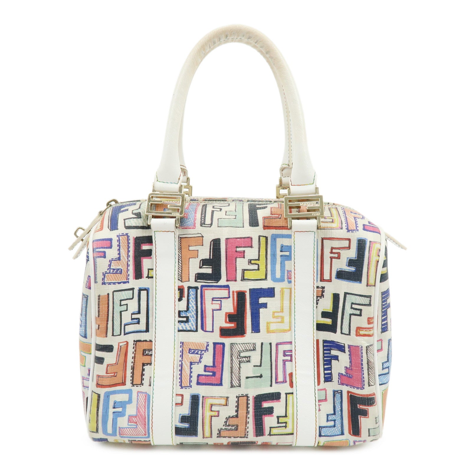 FENDI Zucca PVC Canvas Leather Boston Bag White Multicolor 8BL068